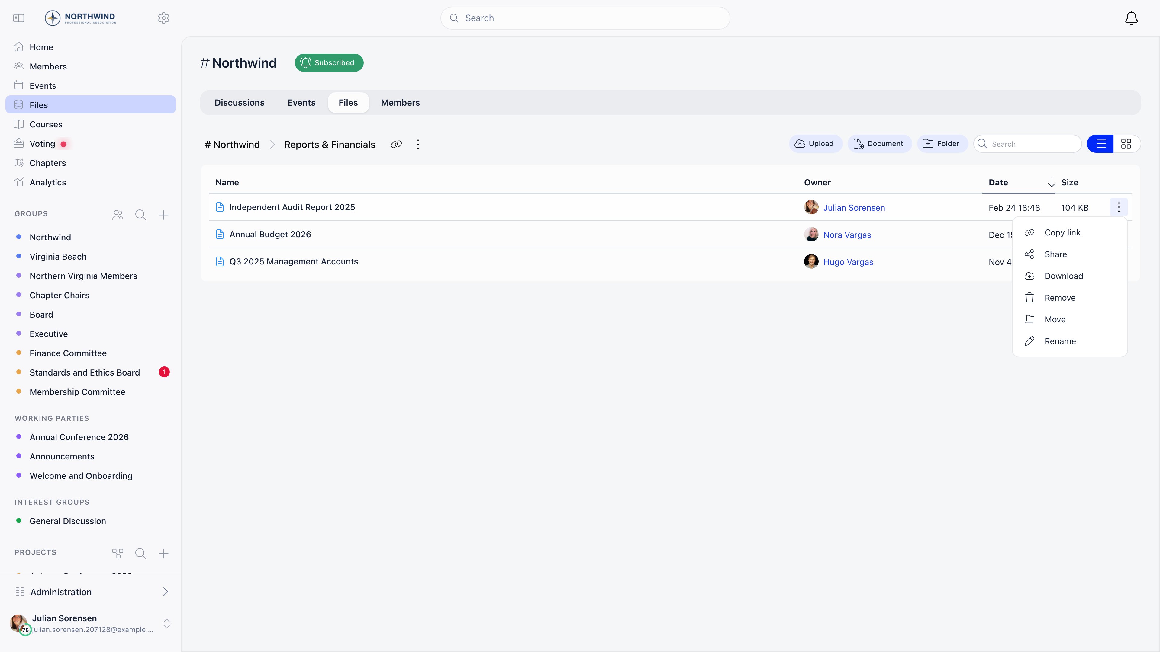 A drive folder listing with file rows showing name, owner, date and size, and an open row menu with Copy link, Share, Download, Remove, Move and Rename