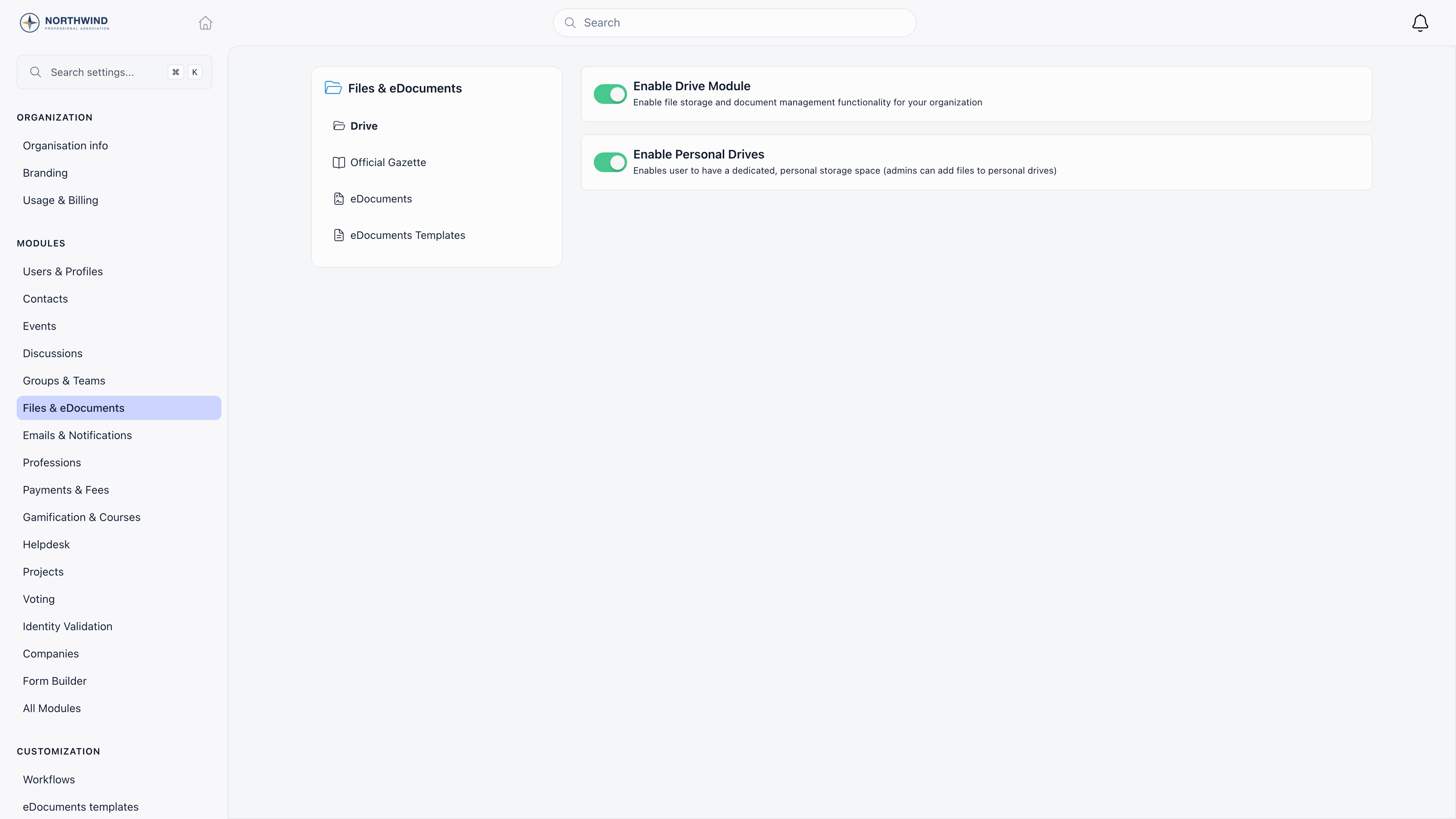 Drive module settings with the Enable Drive Module toggle and the Enable Personal Drives toggle, both switched on