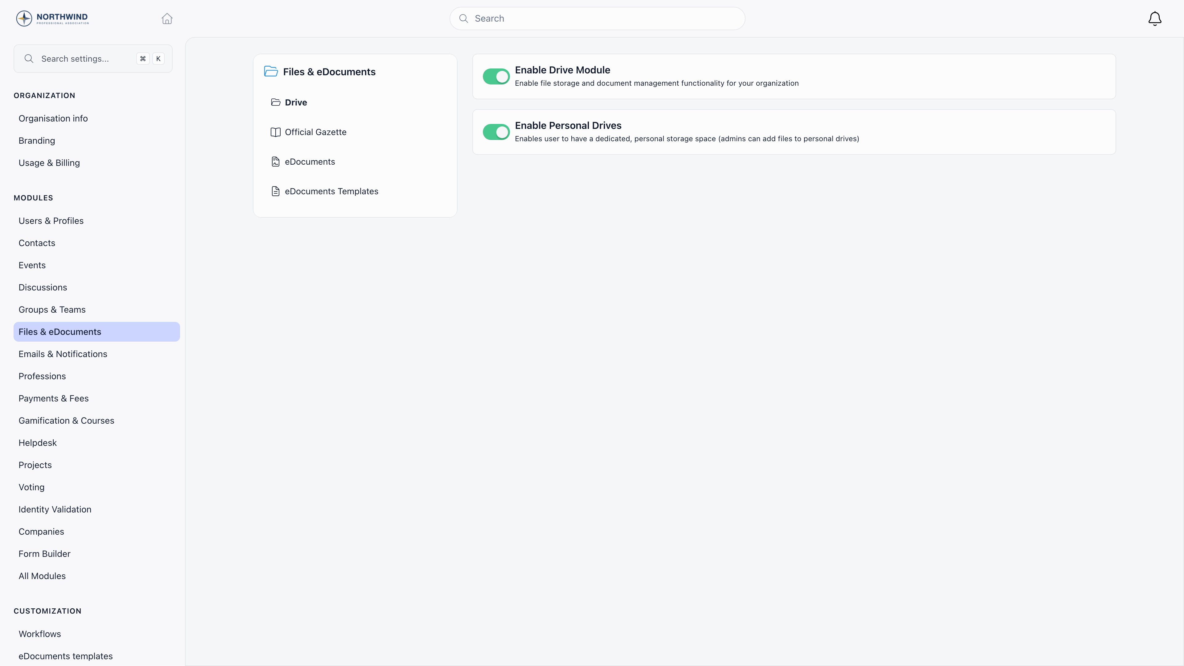 Drive module settings with the Enable Drive Module toggle and the Enable Personal Drives toggle, both switched on