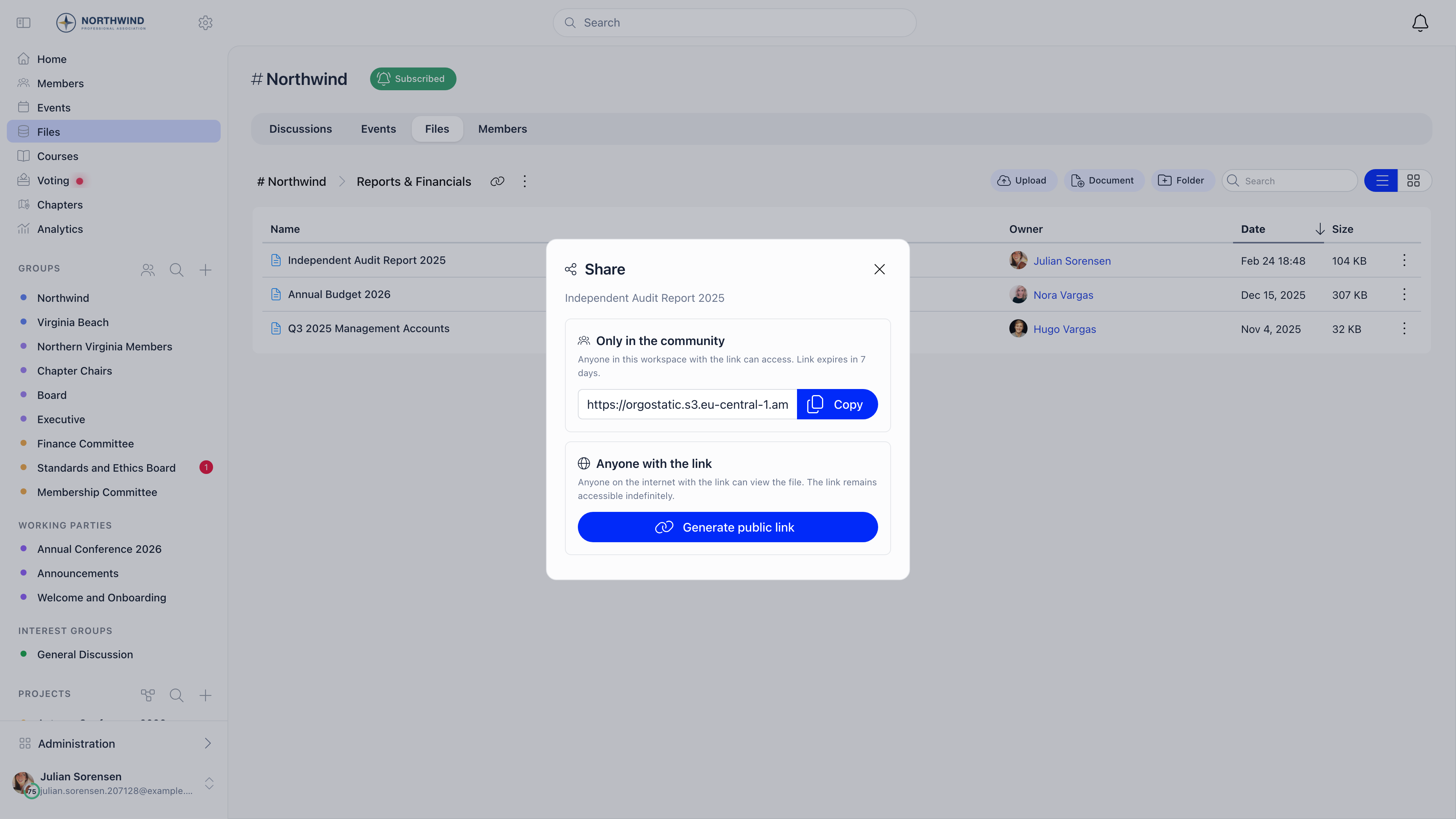 The Share dialog with two sections: Only in the community with a copyable 7-day link, and Anyone with the link with a Generate public link button