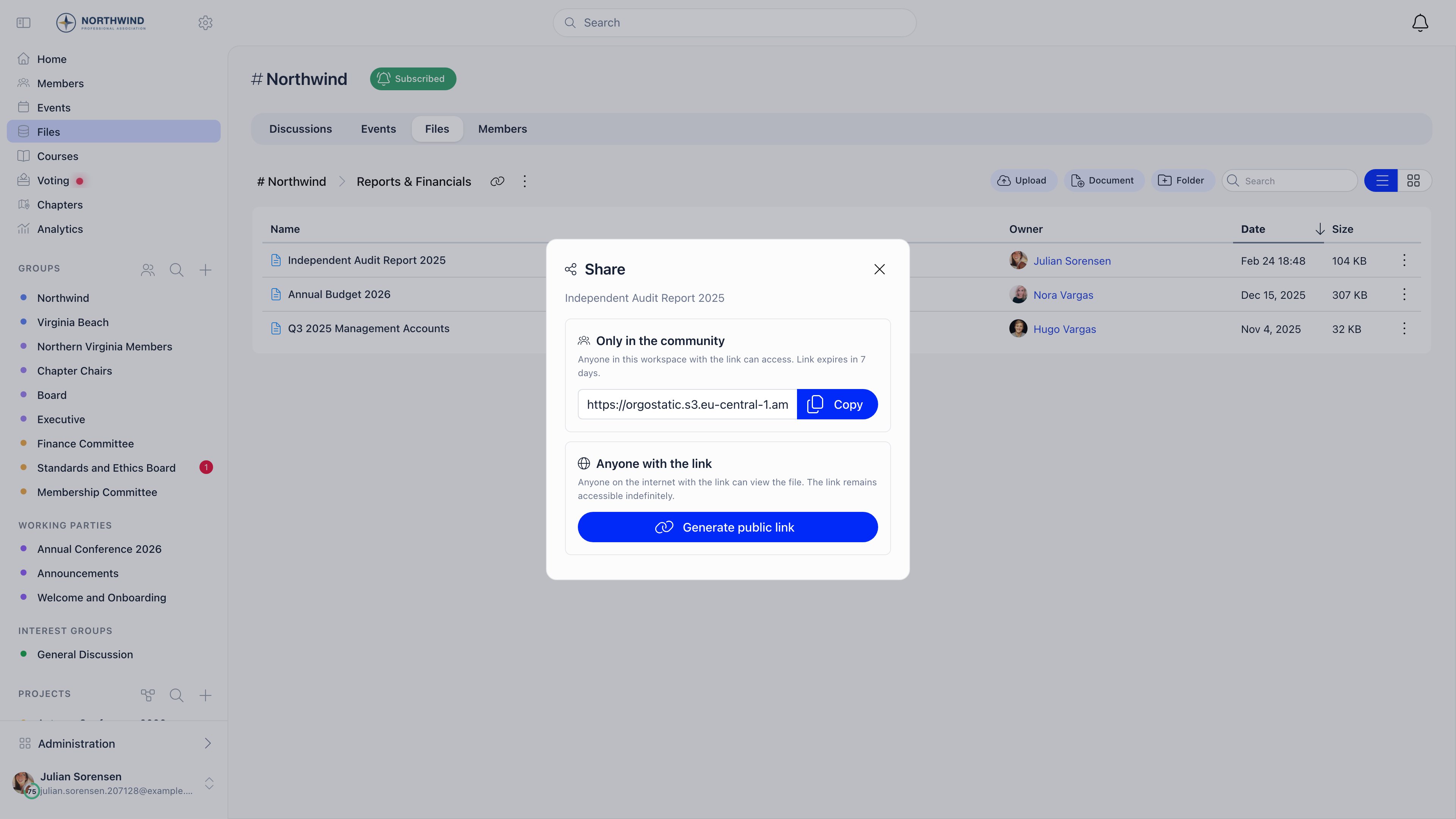 The Share dialog with two sections: Only in the community with a copyable 7-day link, and Anyone with the link with a Generate public link button