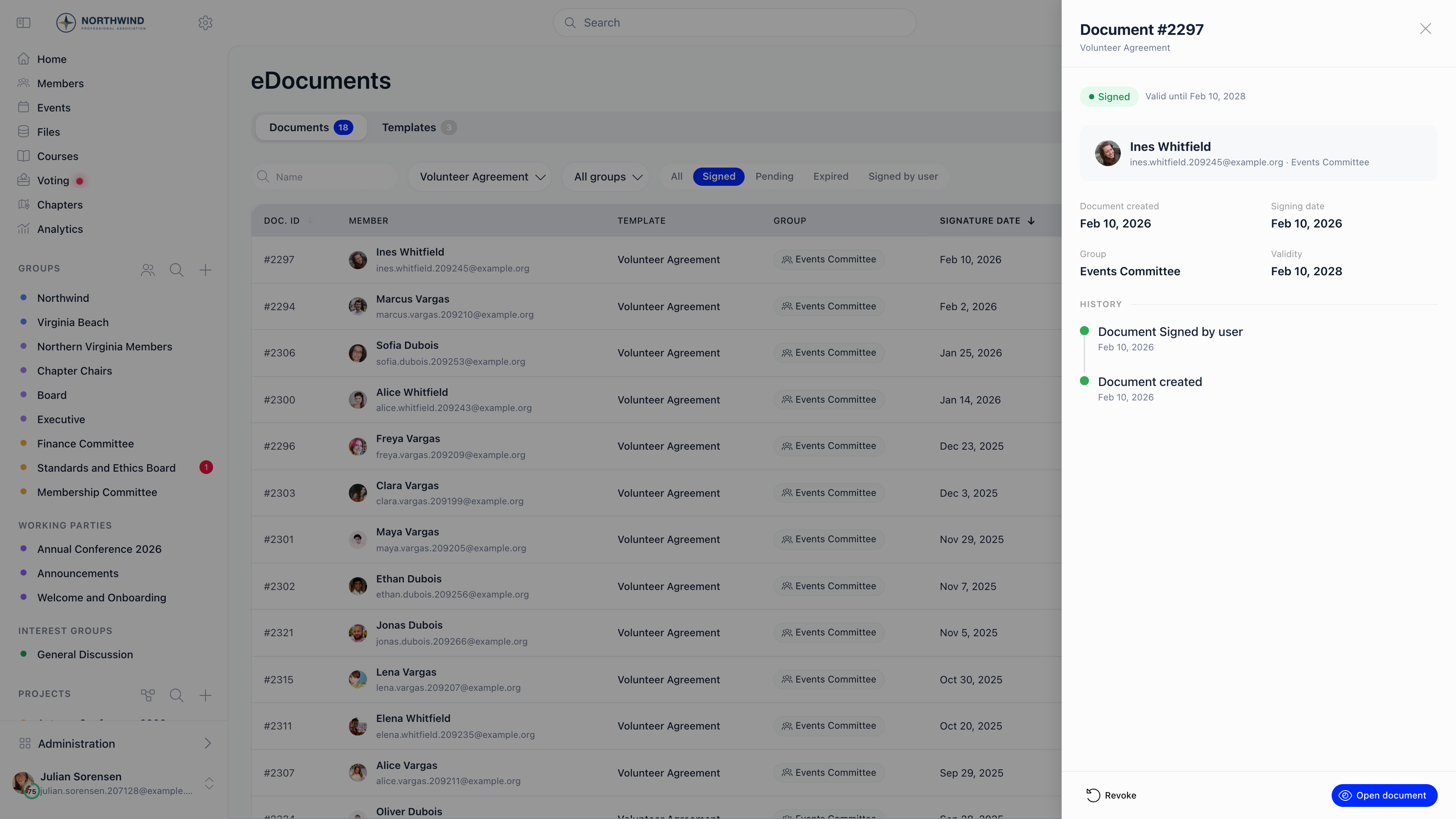 Document side panel showing status, member, created and signing dates, validity, and a history timeline with Revoke and Open document actions