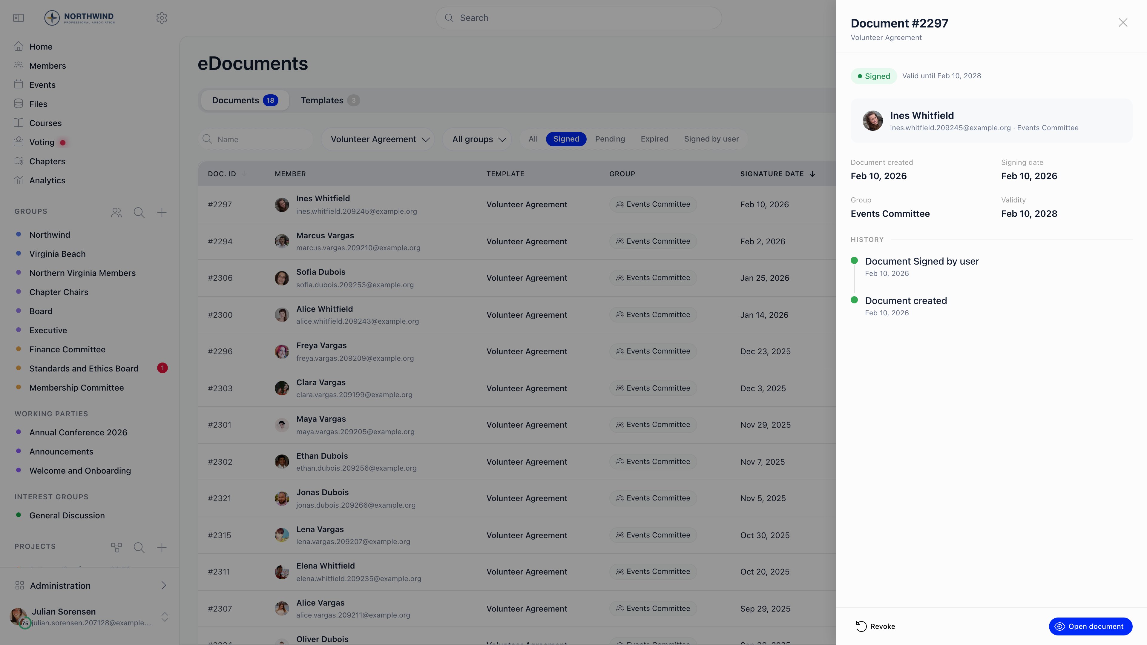 Document side panel showing status, member, created and signing dates, validity, and a history timeline with Revoke and Open document actions