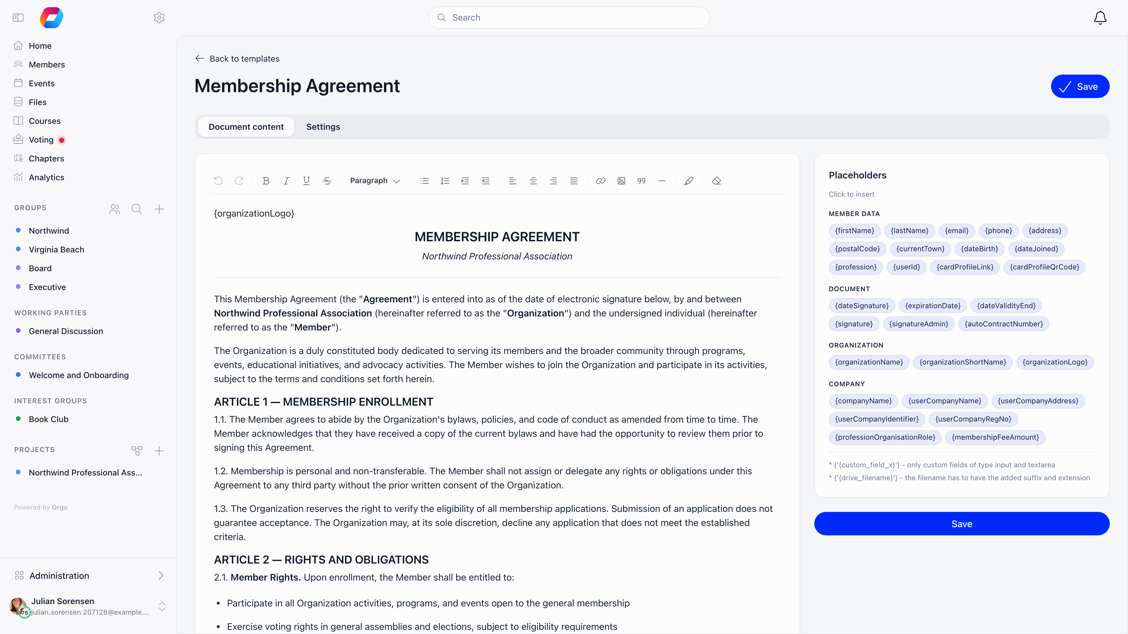 Template content editor with rich text on the left and the Placeholders sidebar grouped into Member data, Document, Organization and Company