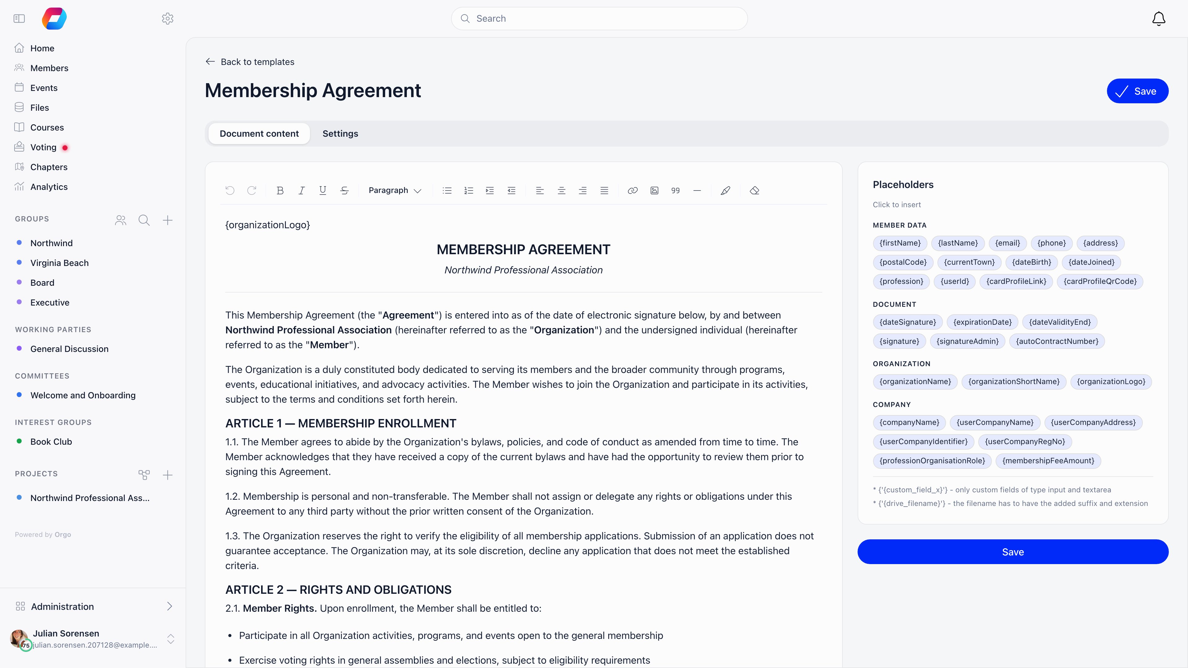 Template content editor with rich text on the left and the Placeholders sidebar grouped into Member data, Document, Organization and Company