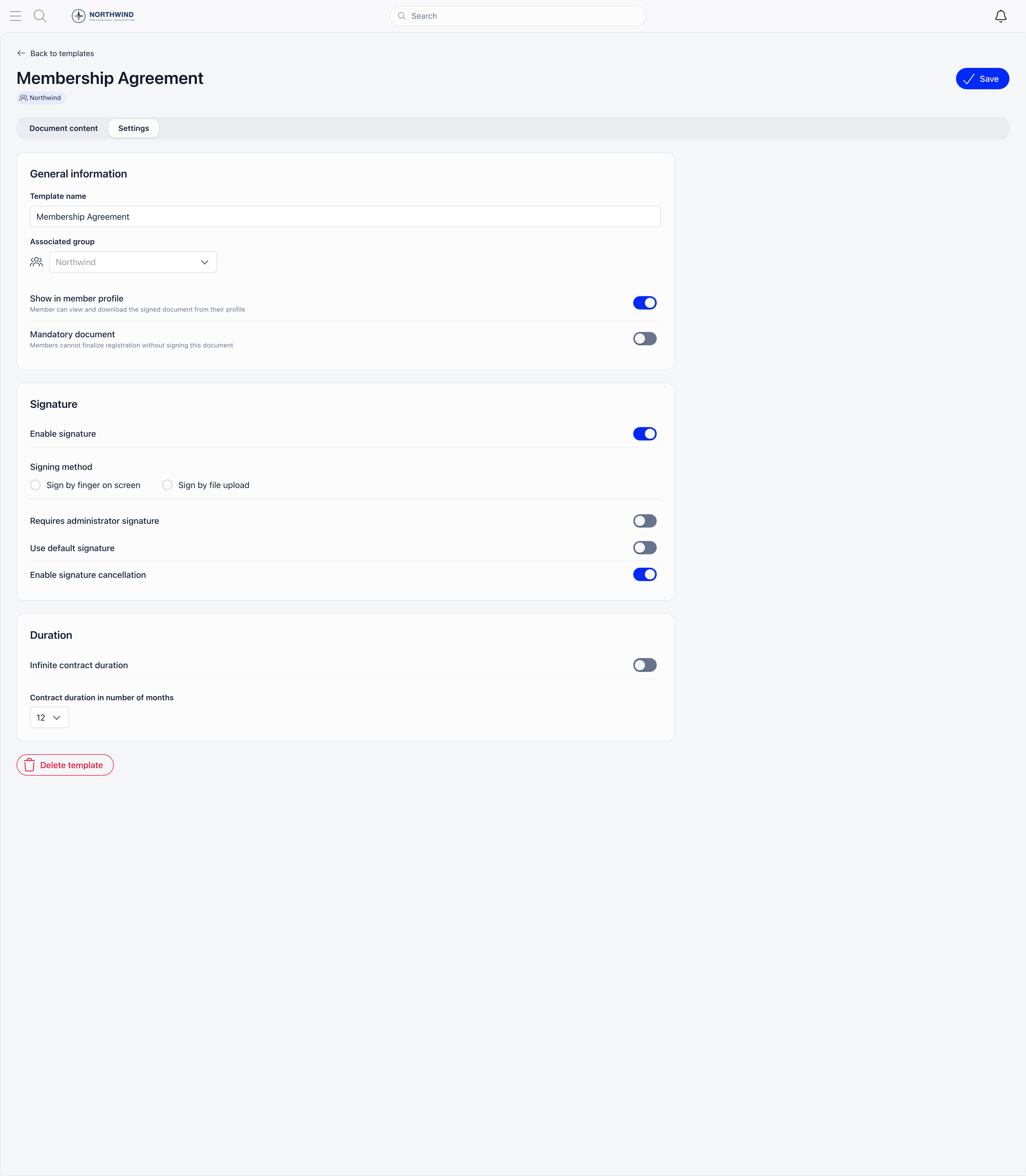Template Settings tab with General information, Signature and Duration cards including the signing method radio buttons