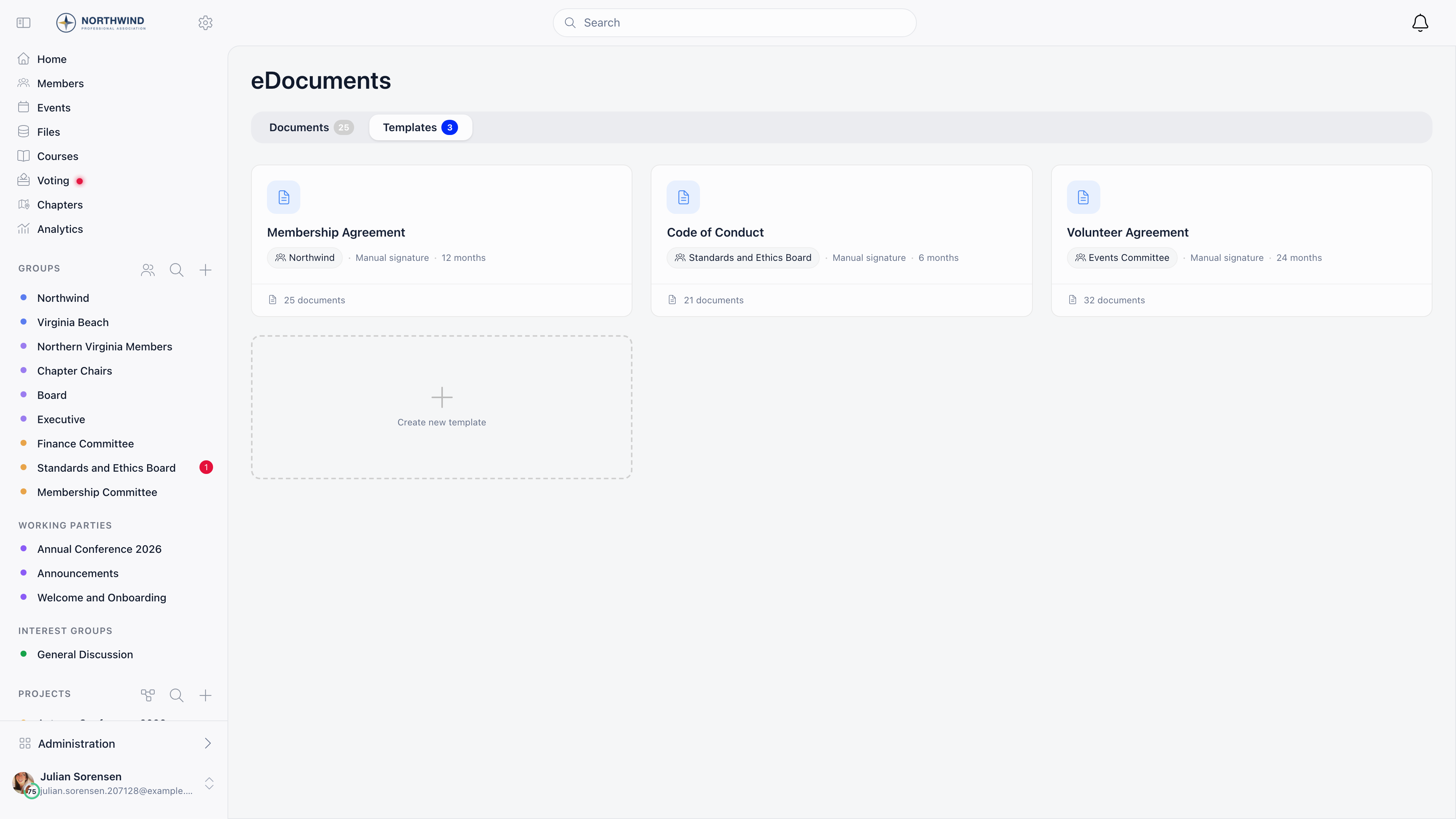 Templates tab showing template cards with group tag, signing method, duration and document count, plus a Create new template card
