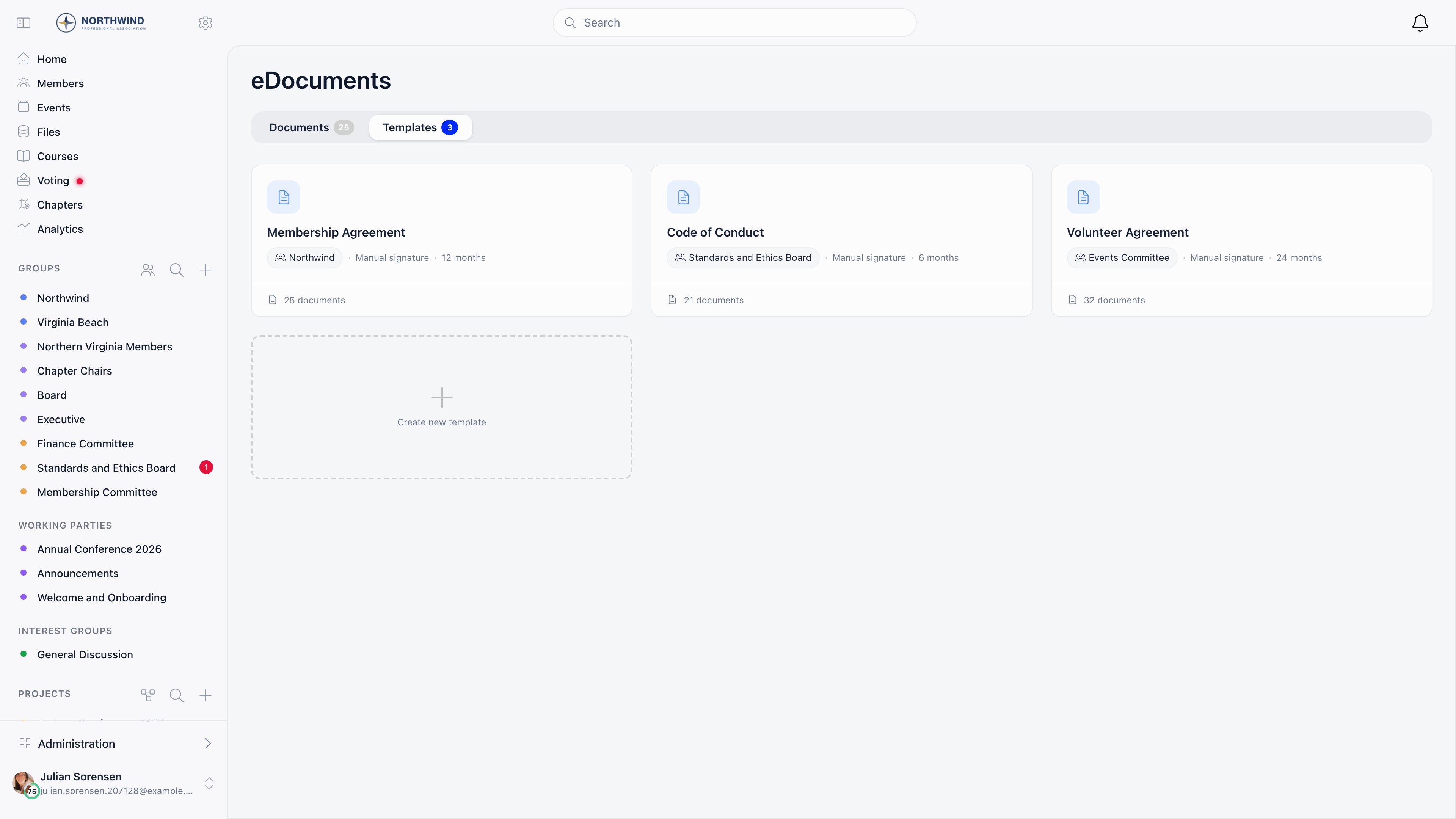 Templates tab showing template cards with group tag, signing method, duration and document count, plus a Create new template card