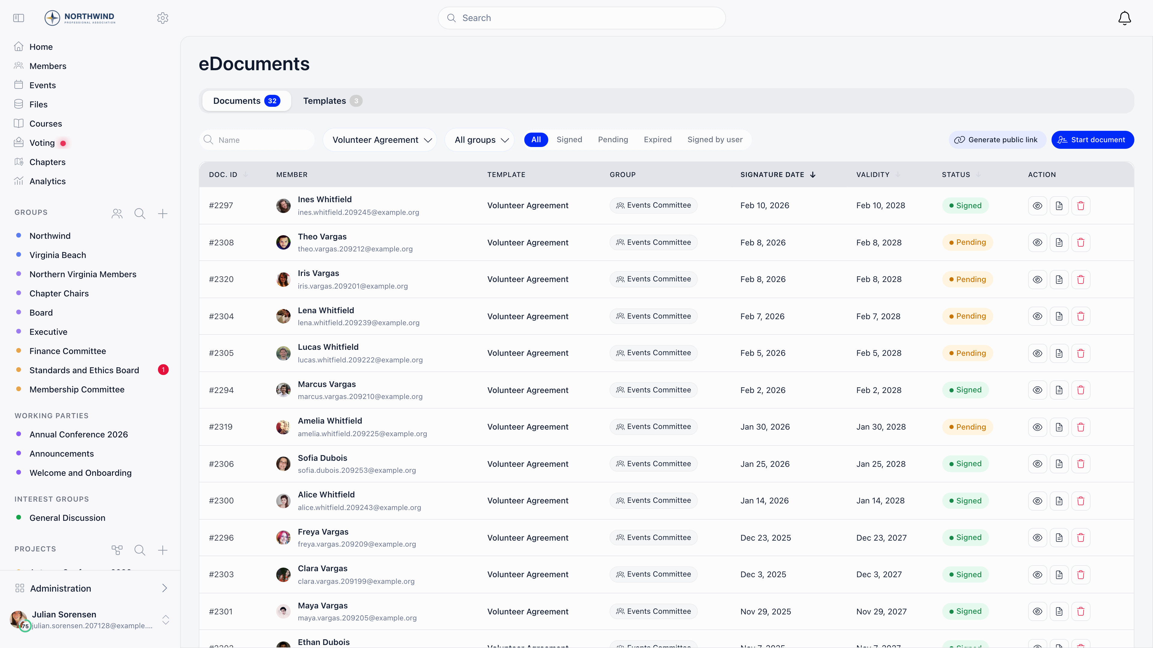 Documents tab with name search, template and group filters, status pills, and a table of documents showing member, signature date, validity and status