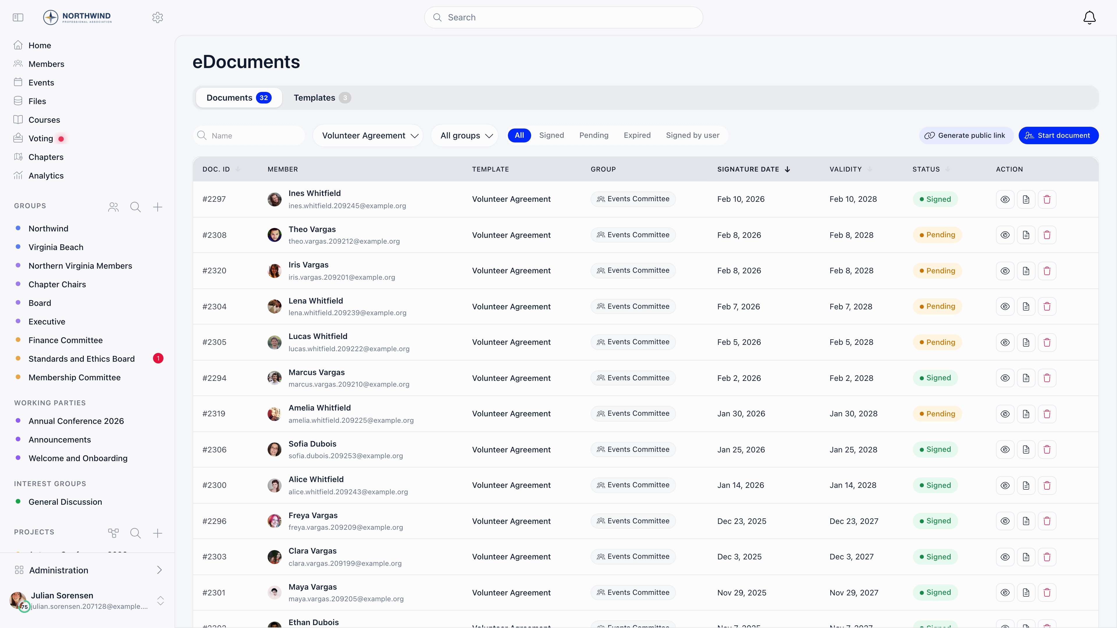 Documents tab with name search, template and group filters, status pills, and a table of documents showing member, signature date, validity and status