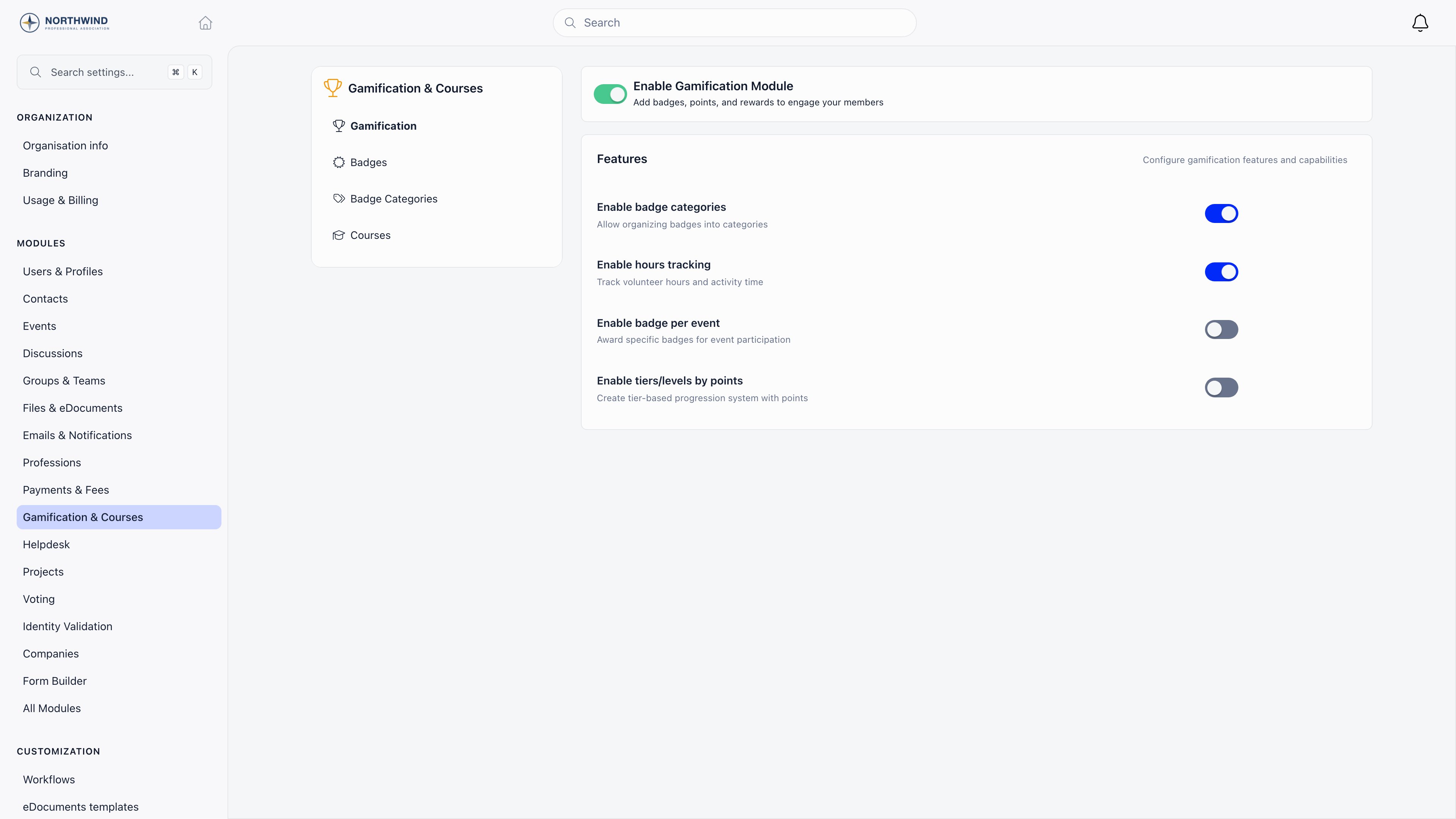 Gamification module settings showing the Enable Gamification Module switch and the badge categories, hours tracking, badge per event, and tiers feature switches
