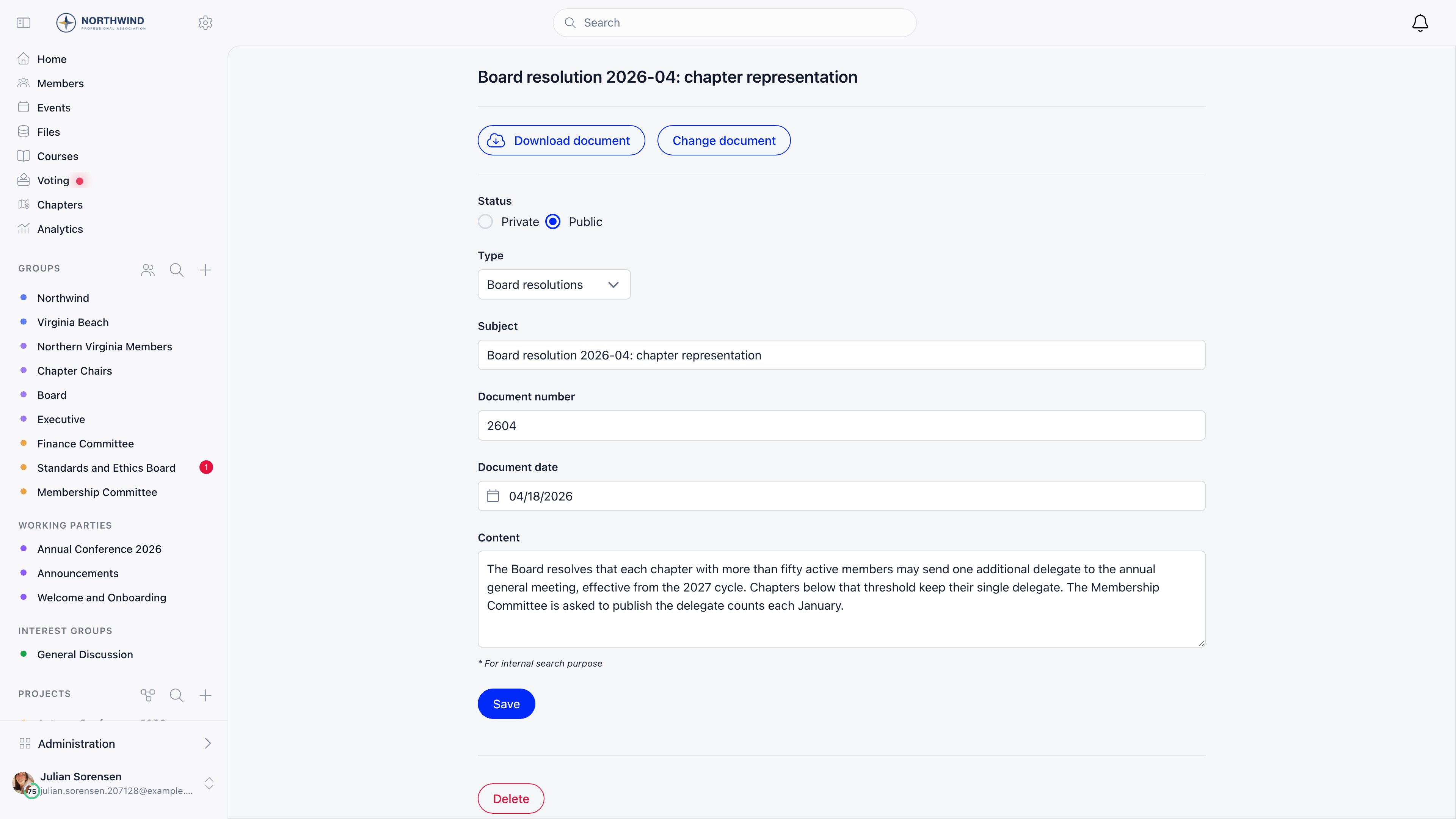 Official document form with Status radio buttons, Type select, Subject, Document number, Document date and Content fields
