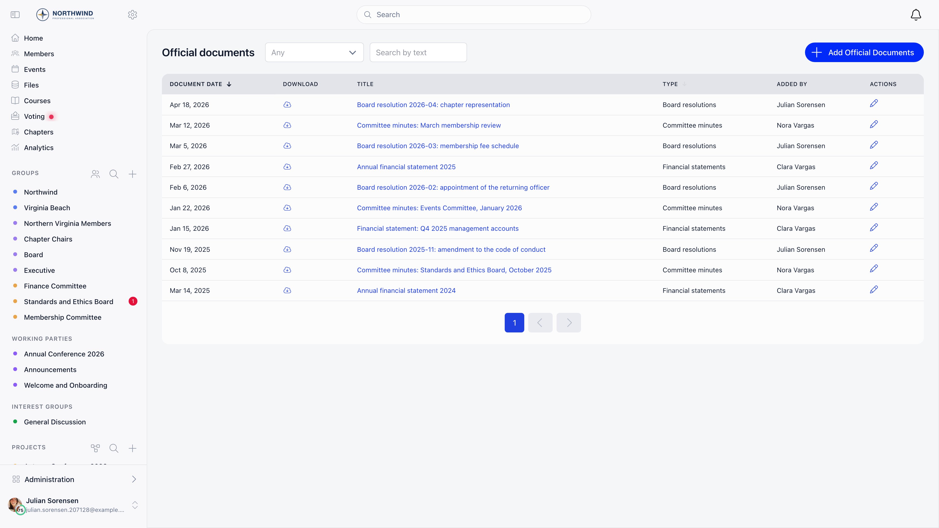 Official documents register under a type filter and a free text search, listing dated entries with a download icon, a title, a type and the administrator who added each one