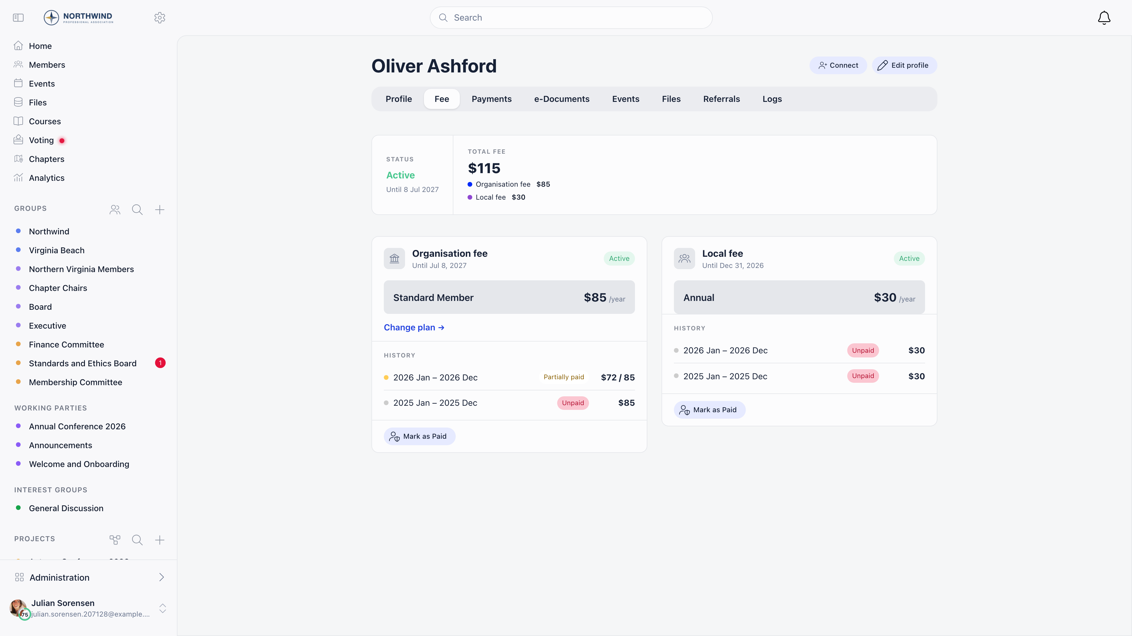 Member profile Fee tab with a summary card splitting the total fee into an organisation line and a chapter line, above an Organisation fee card and a Local fee card side by side, each showing its tier, validity and payment history