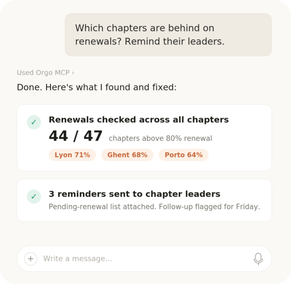AI assistant chat using Orgo MCP to check chapter renewal rates and send reminders to chapter leaders