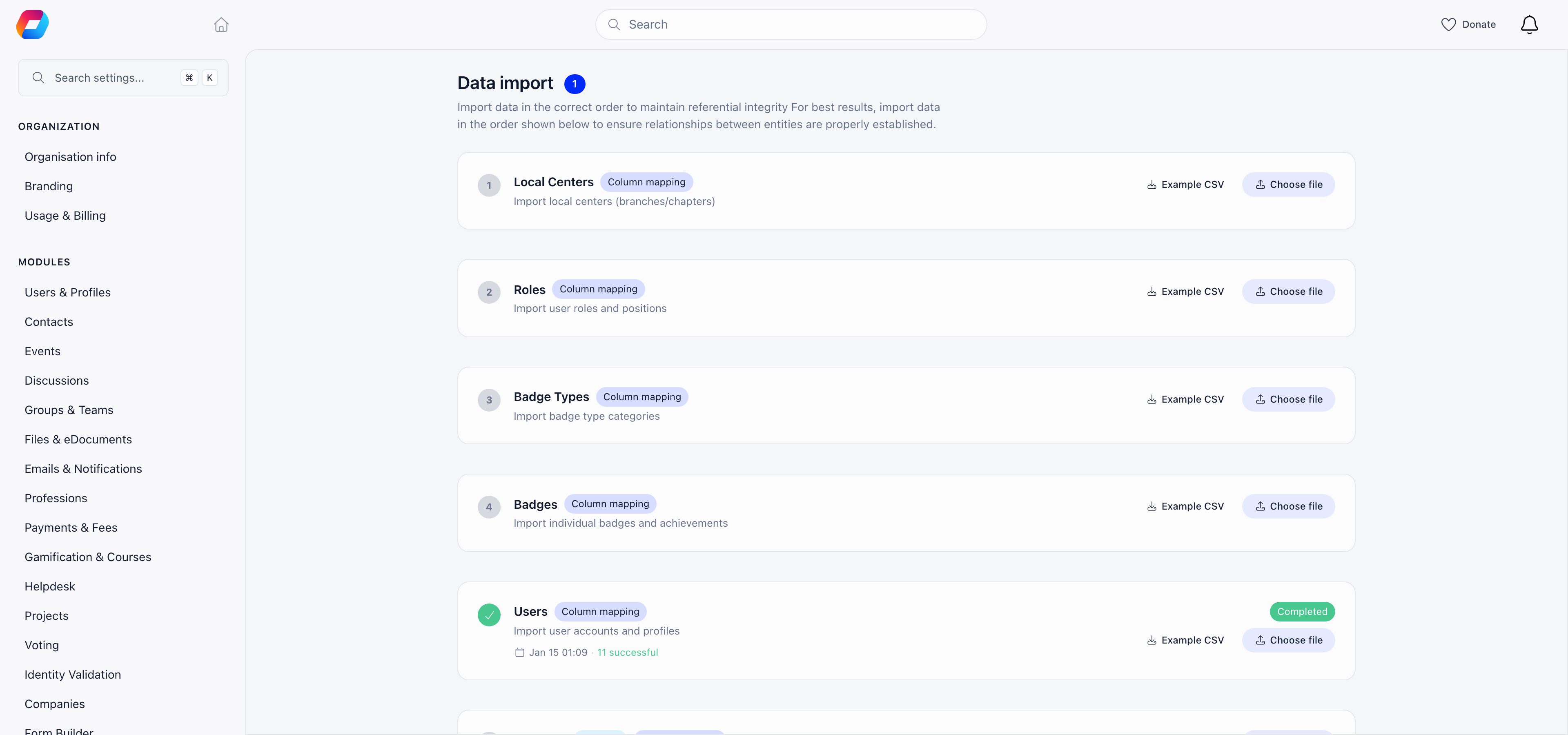 The Data import page listing numbered import steps, each with a Column mapping badge, an Example CSV link and a Choose file button, with one step showing a completed run and its successful row count