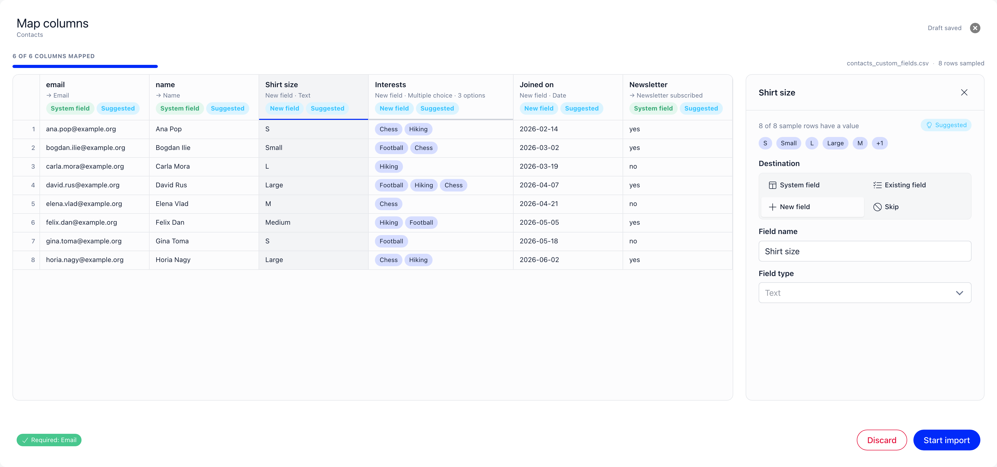 The column settings panel open beside the sheet, showing how many sample rows have a value, the sample values, the destination choice between a system field, an existing field, a new field and skip, and the field name and type
