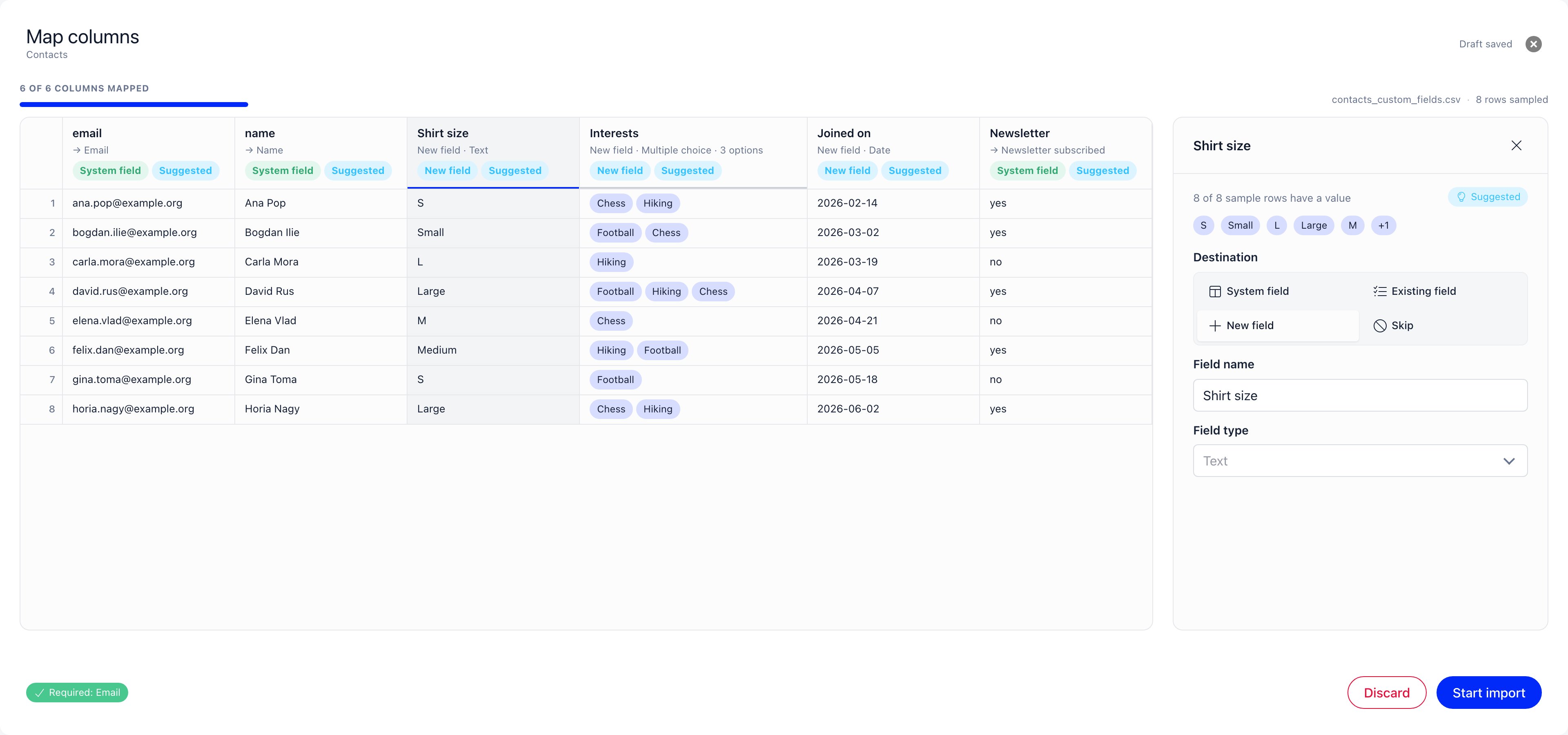 The column settings panel open beside the sheet, showing how many sample rows have a value, the sample values, the destination choice between a system field, an existing field, a new field and skip, and the field name and type