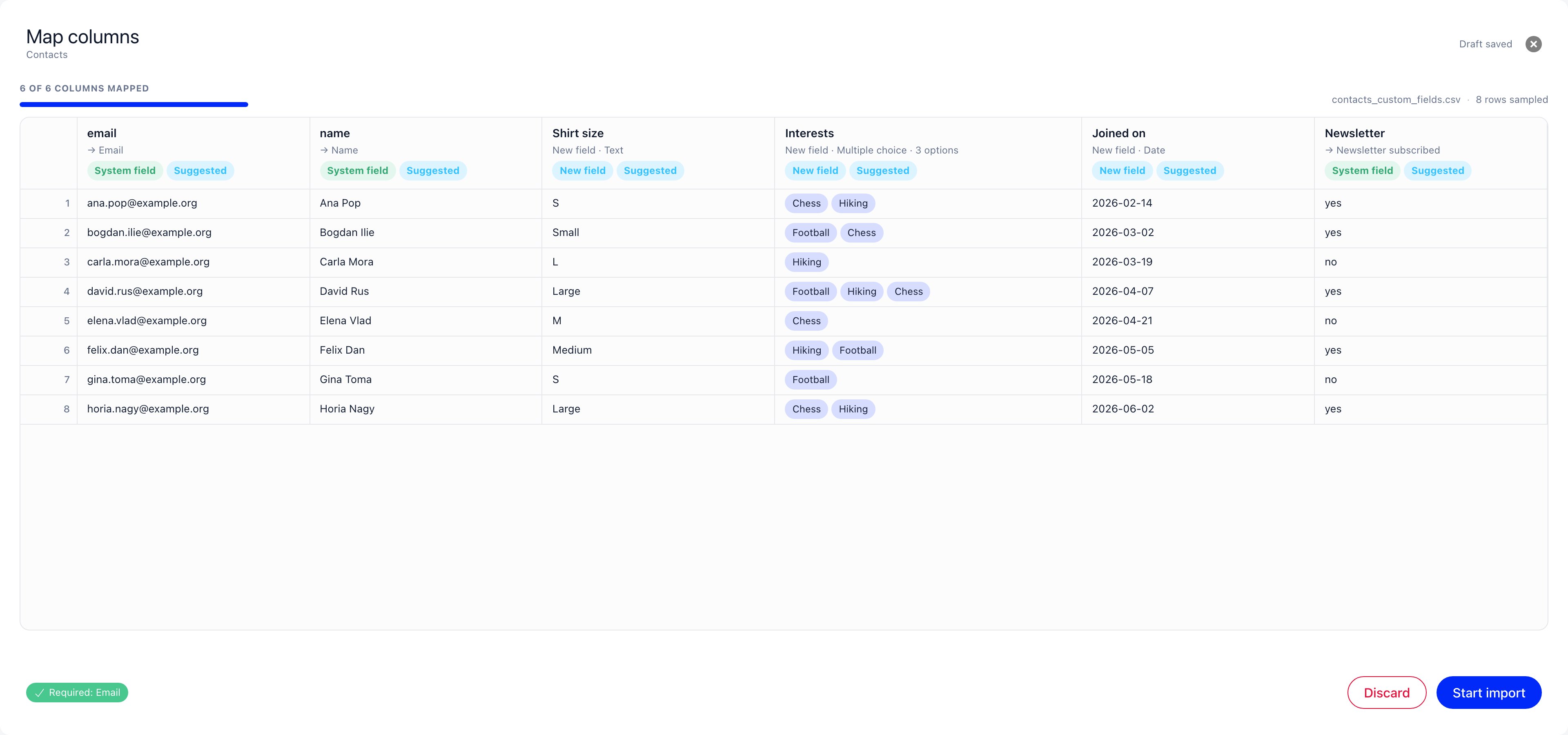 The Map columns screen showing the uploaded file as a sheet, with each column header carrying its destination and a status chip, a progress line reading 6 of 6 columns mapped, and the required field chip beside Discard and Start import