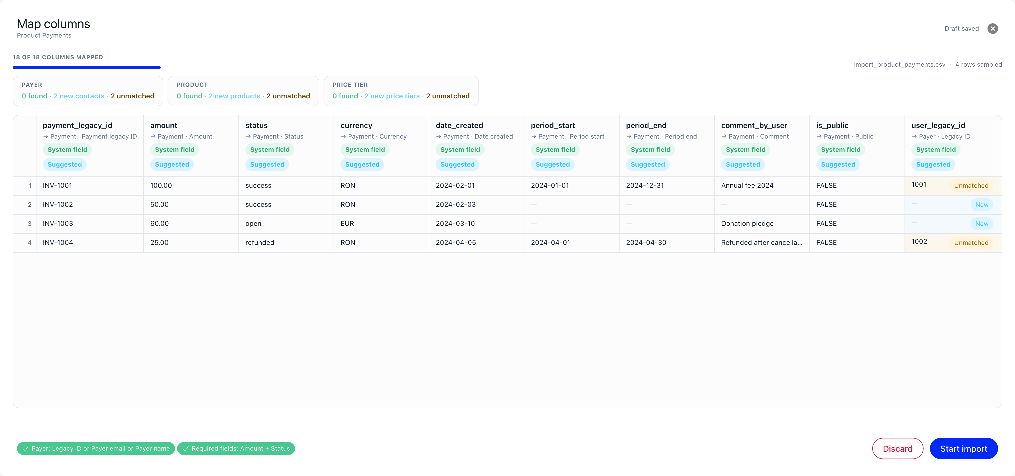 A payments import showing the match summary above the sheet with a tile per reference reading found, new and unmatched, and unmatched cells marked in the sheet below