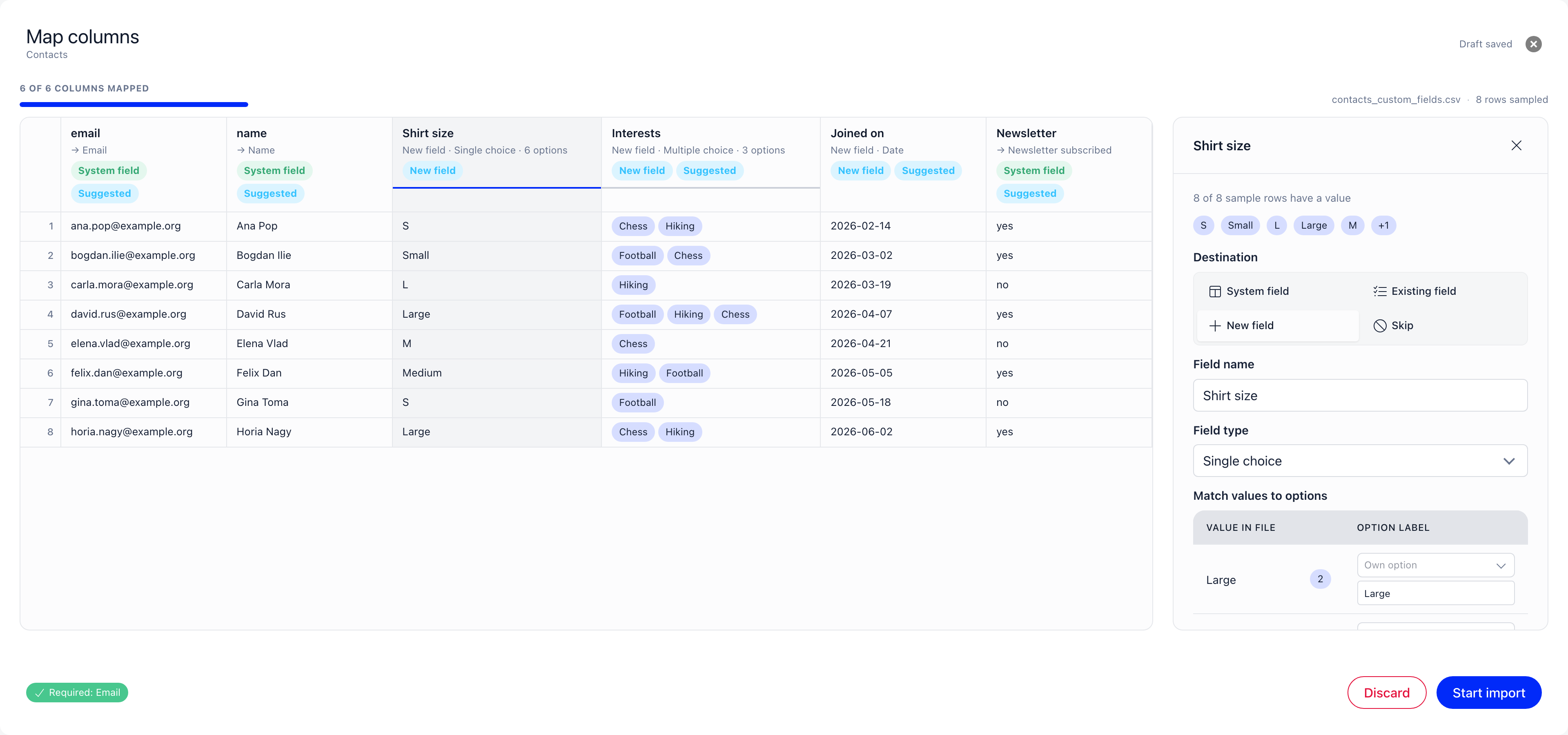 A column set to a new single choice field, with the Match values to options table pairing each value found in the file against the option it will be stored as