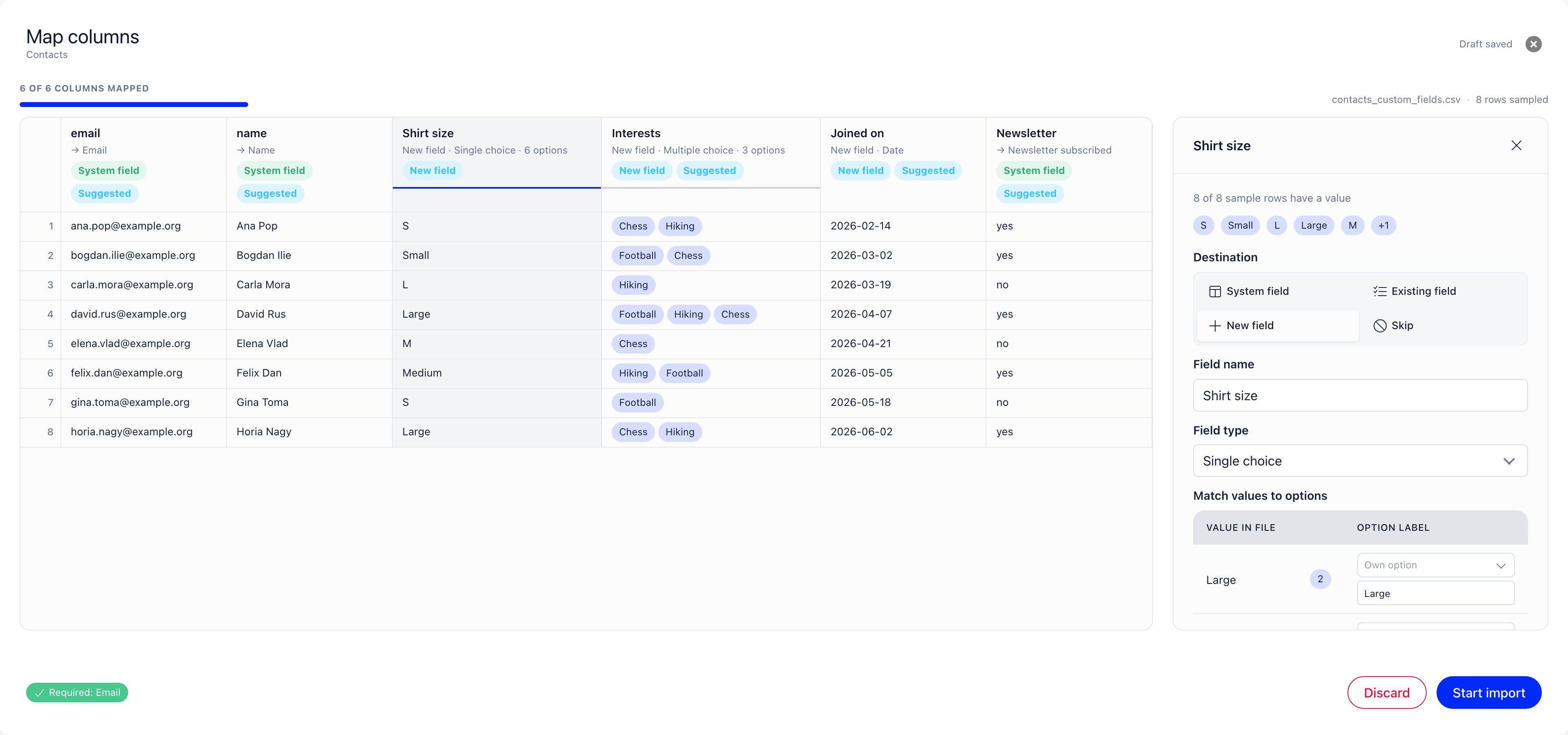 A column set to a new single choice field, with the Match values to options table pairing each value found in the file against the option it will be stored as