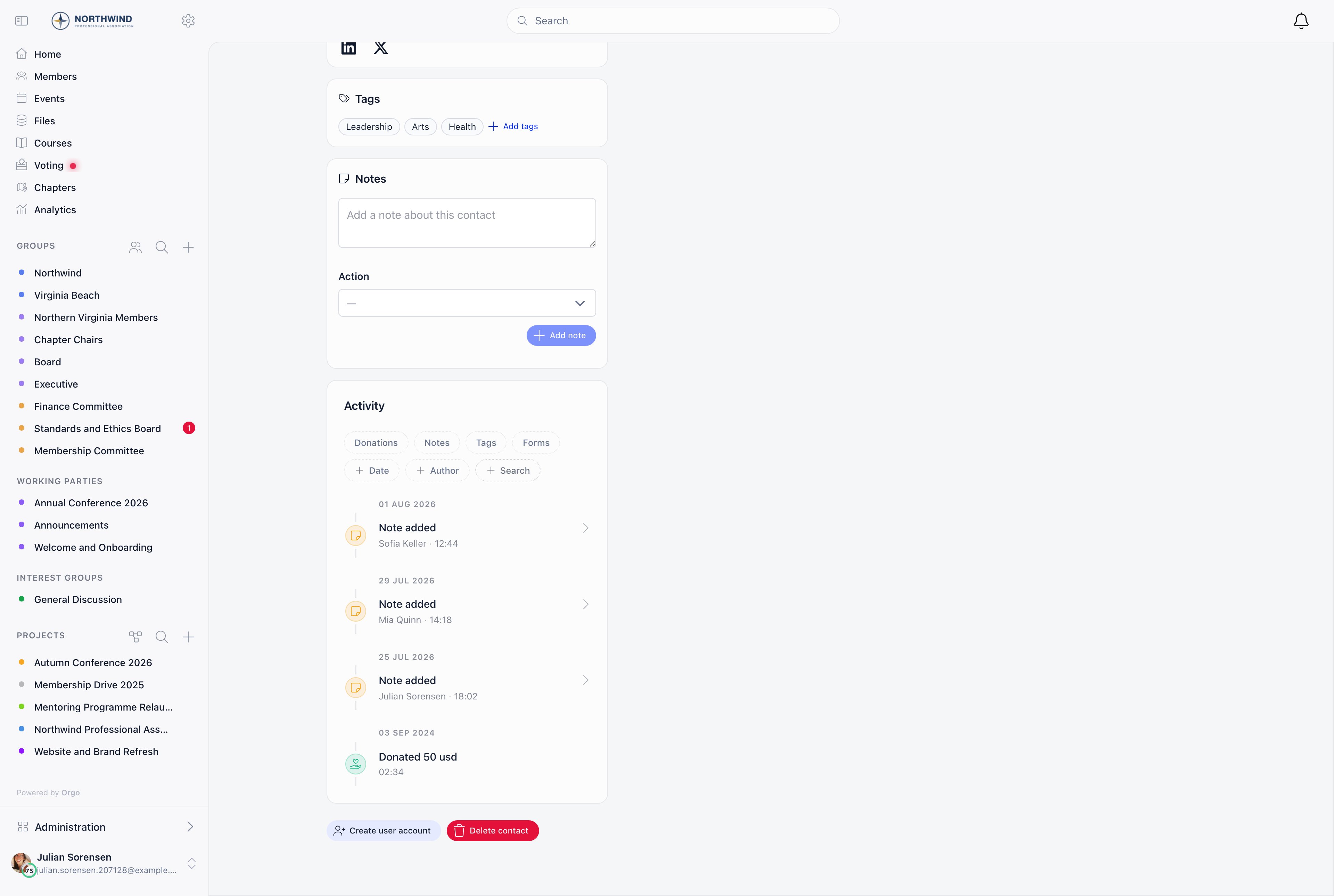 Contact record with Tags, Notes and Activity as stacked cards, the Notes card holding an Add a note about this contact box with an Action select, and the Activity card listing three Note added entries and a Donated 50 usd entry