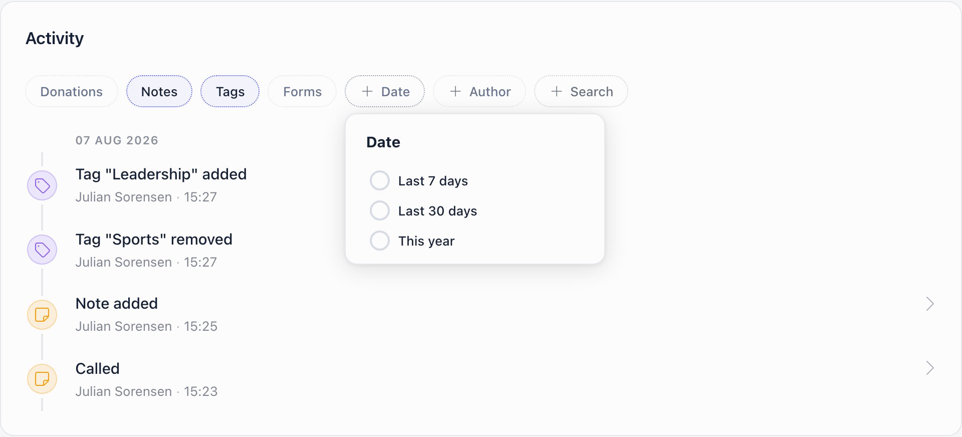 Filter bar with the Notes and Tags chips highlighted and the Date pill open, offering Last 7 days, Last 30 days and This year as the only options