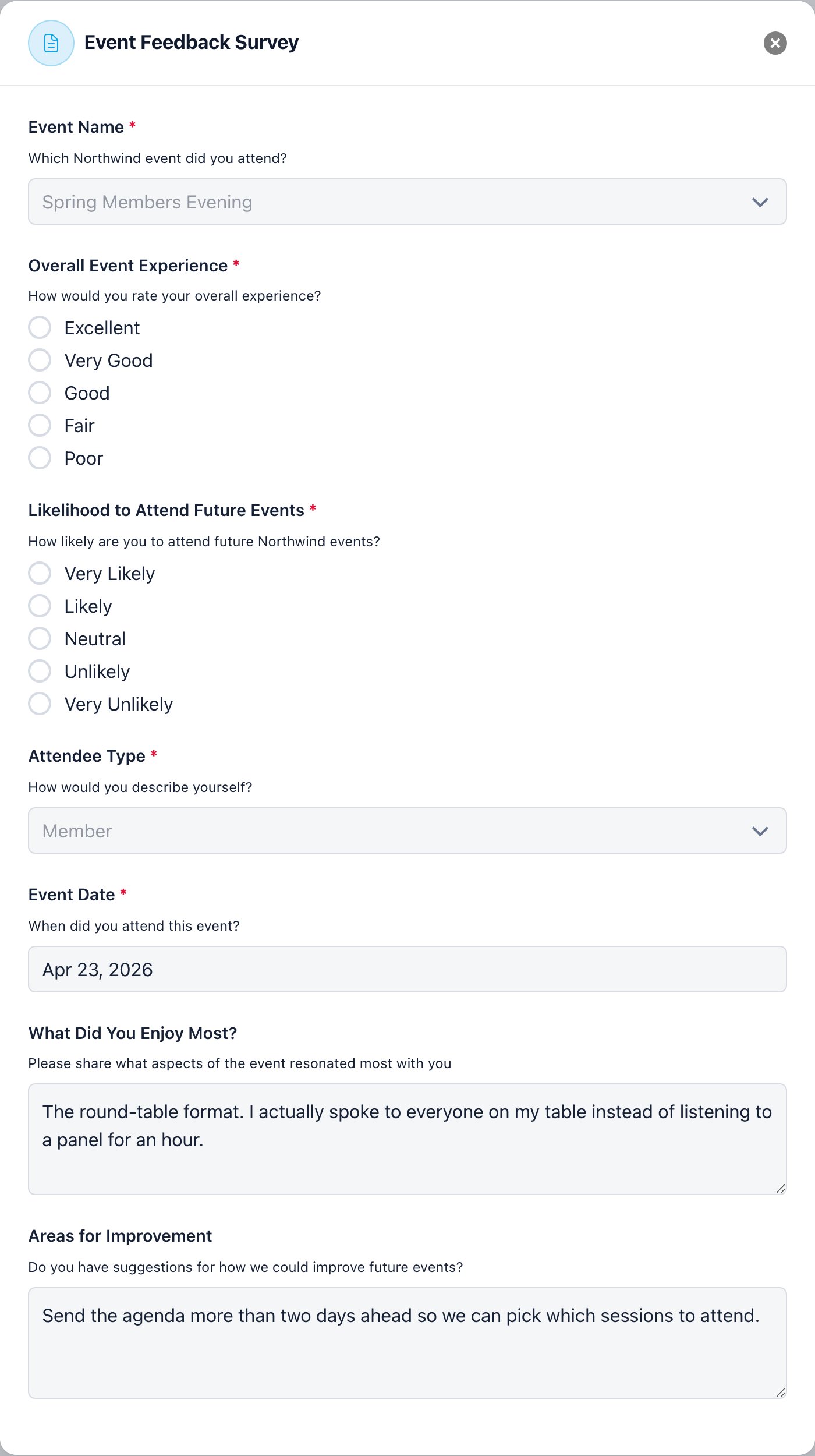 Read-only form answers modal titled Event Feedback Survey, showing a dropdown answer, two unanswered radio groups, a date, and two free-text answers about the round-table format and the event agenda