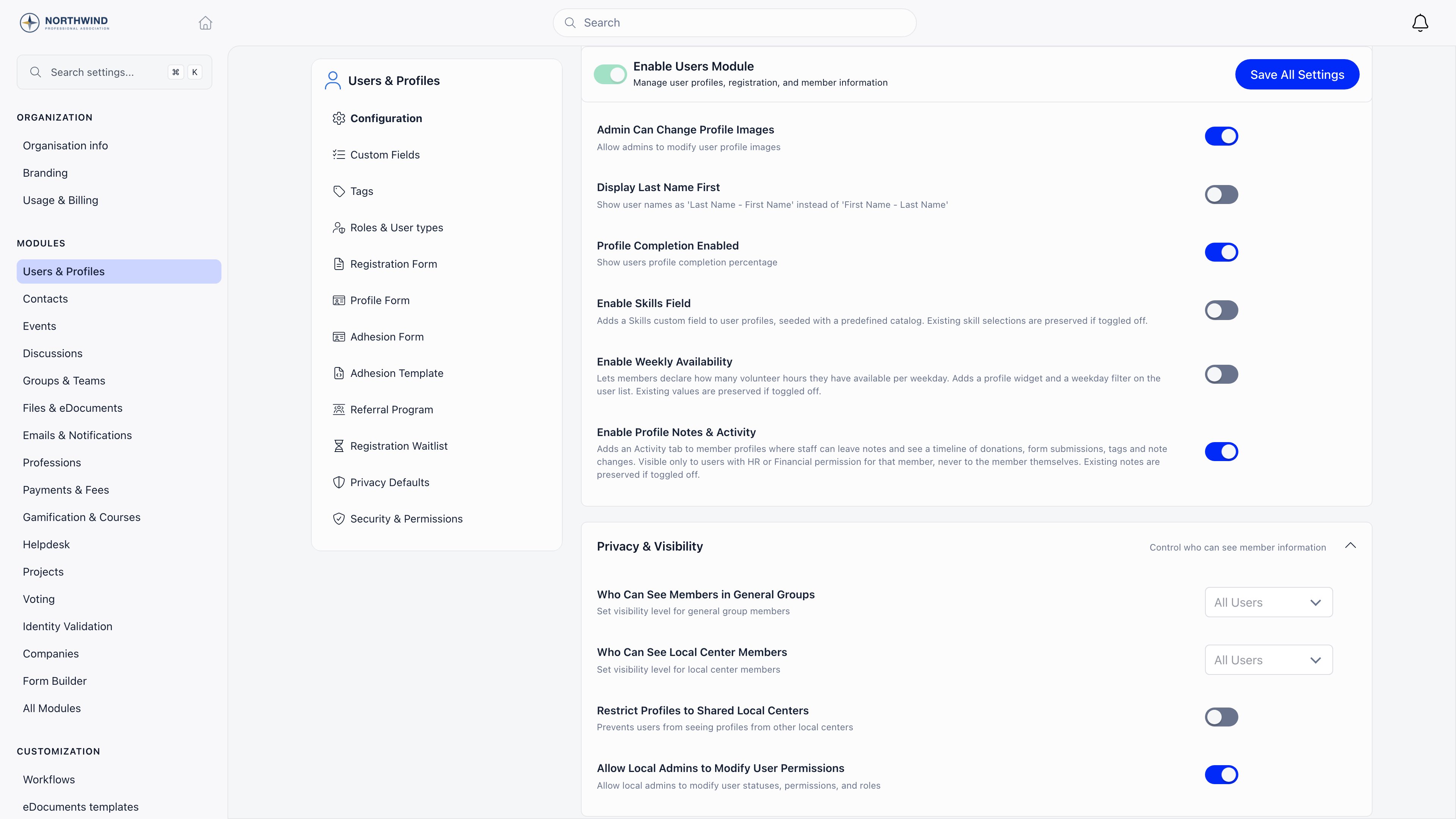 The Users and Profiles configuration page with Enable Profile Notes & Activity switched on, sitting below Enable Skills Field and Enable Weekly Availability