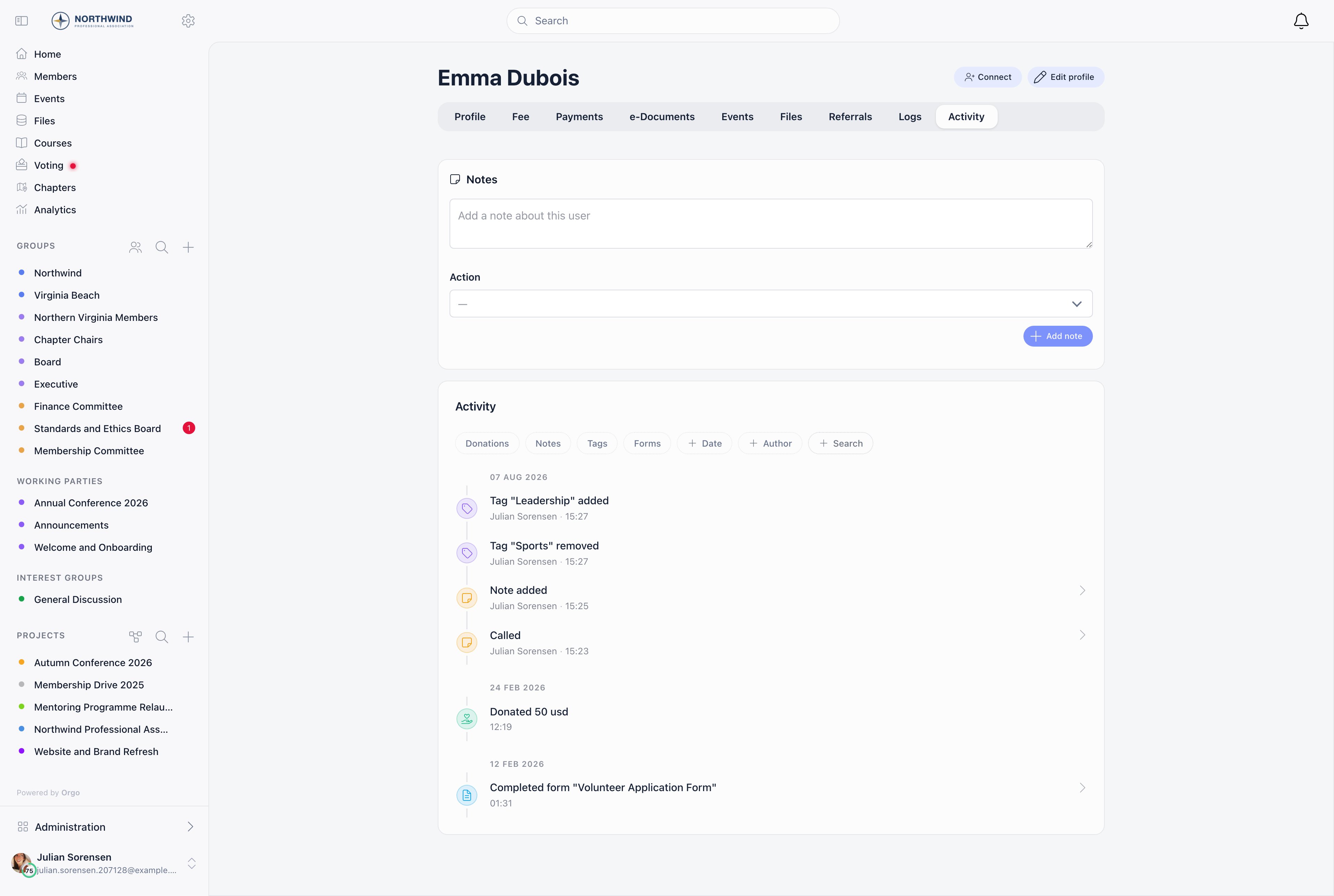 Activity tab on a member profile, with a Notes composer above an Activity feed whose filter chips read Donations, Notes, Tags, Forms, Date, Author and Search, and entries grouped under the day headings 07 AUG 2026, 24 FEB 2026 and 12 FEB 2026