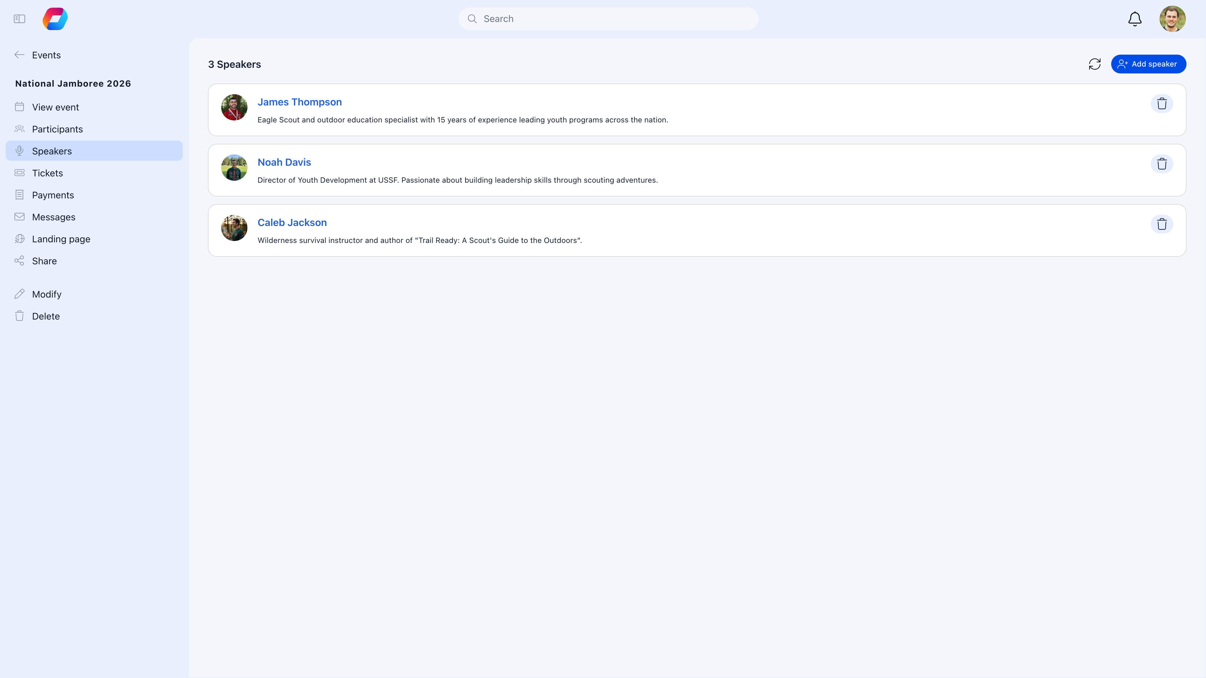 Event speakers tab showing three speakers with profile photos, names, and bios
