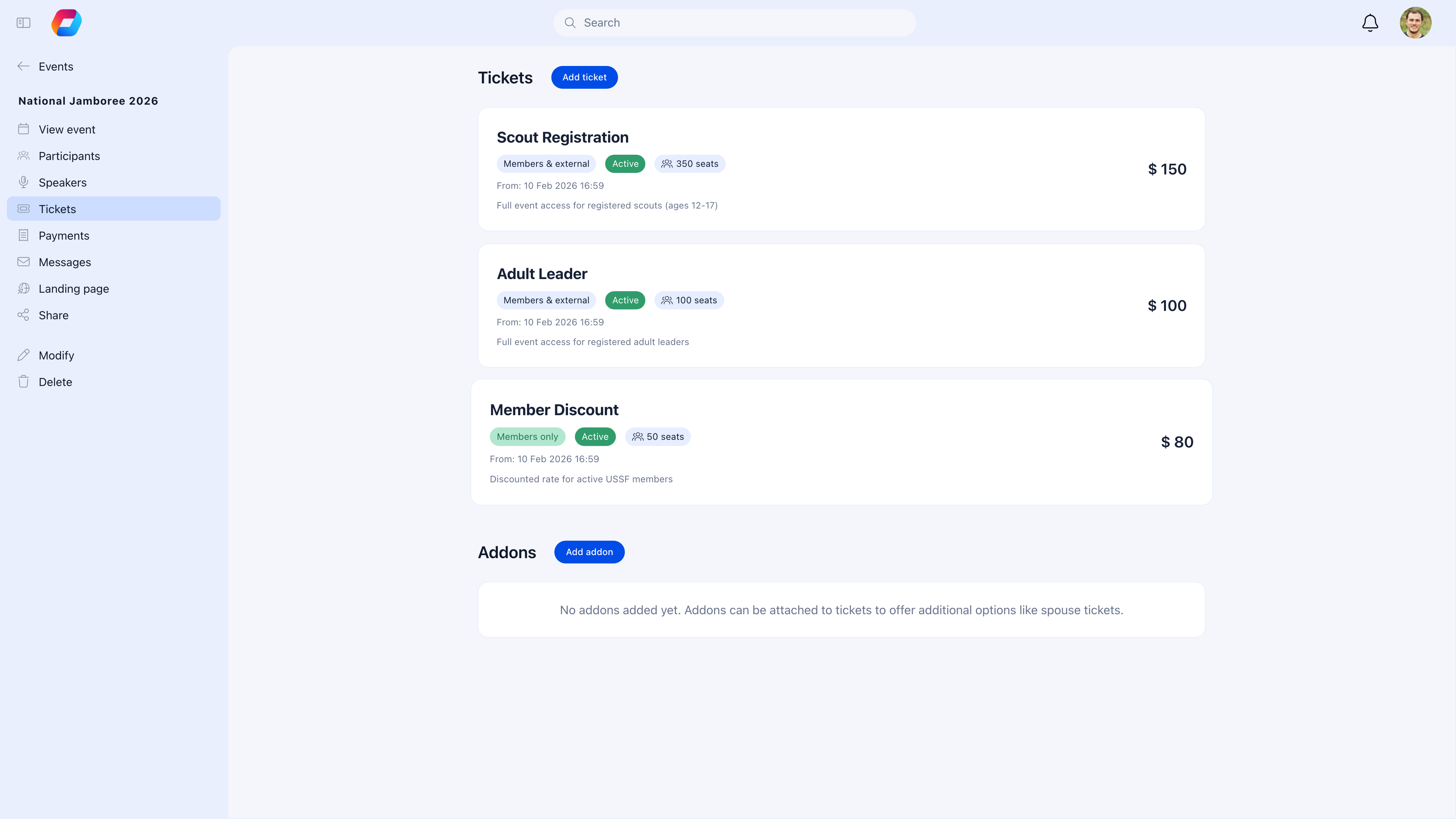 Ticket types showing Scout Registration ($150, 350 seats), Adult Leader ($100, 100 seats), and Staff/Volunteer (Free, 50 seats)