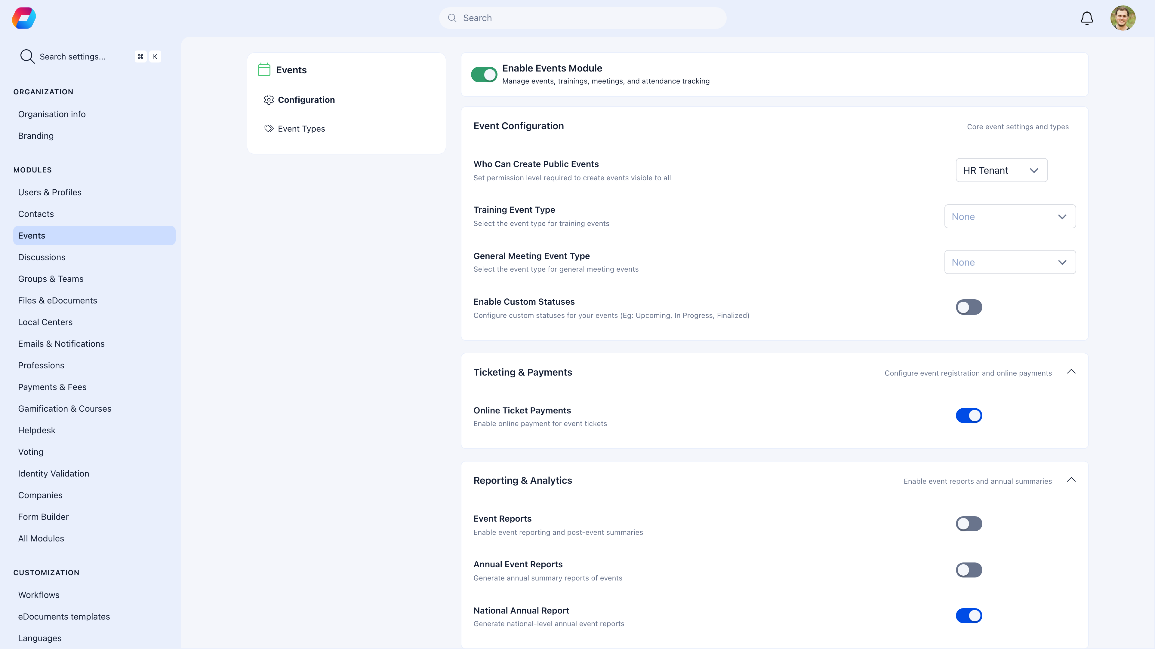 Events module settings showing event configuration, ticketing and payments, and reporting sections