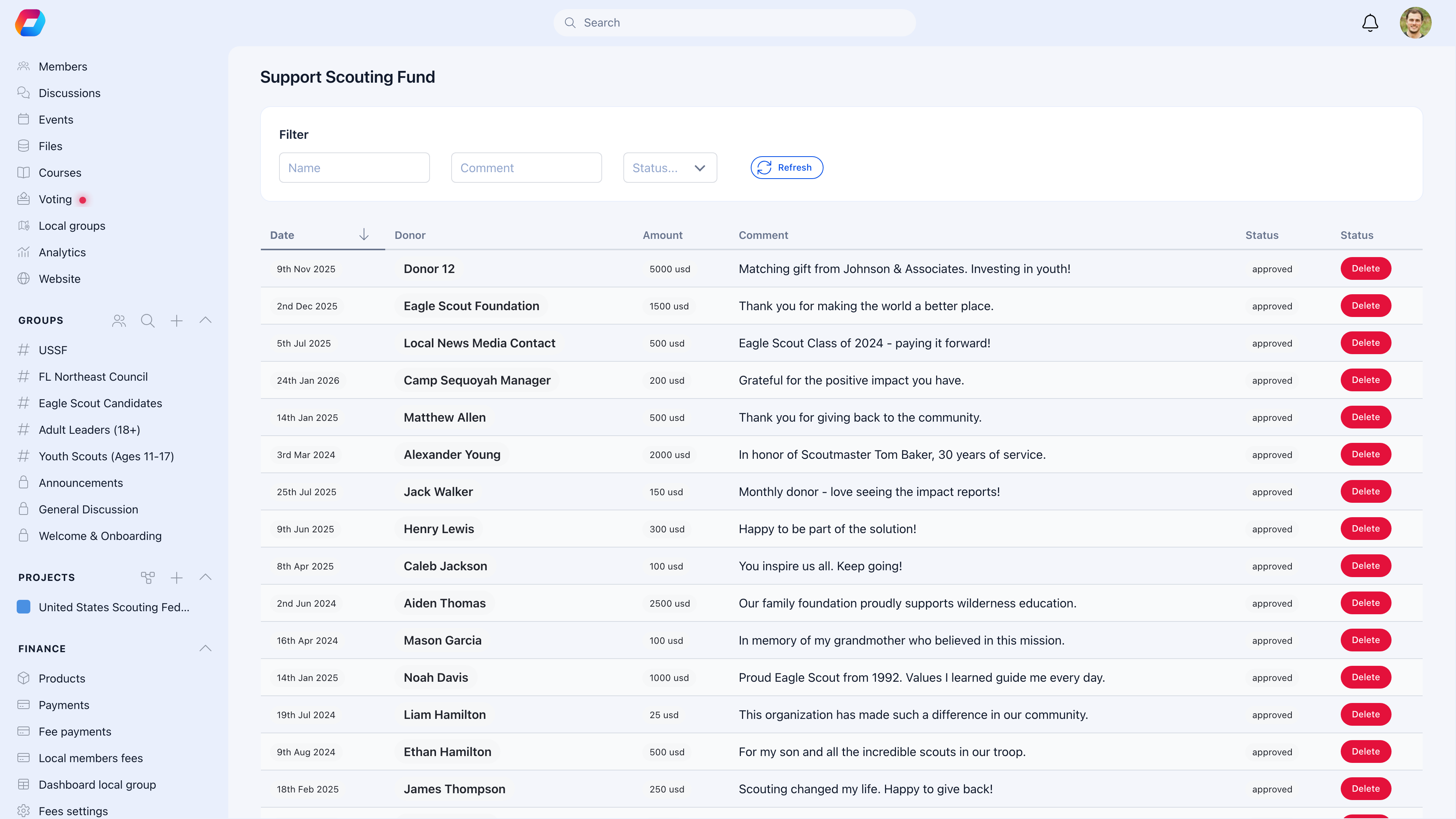 Donor comments management showing a list of approved messages with donor names, amounts, dates, and comment text like 'Matching gift from Johnson & Associates. Investing in youth!' and 'Thank you for making the world a better place.'