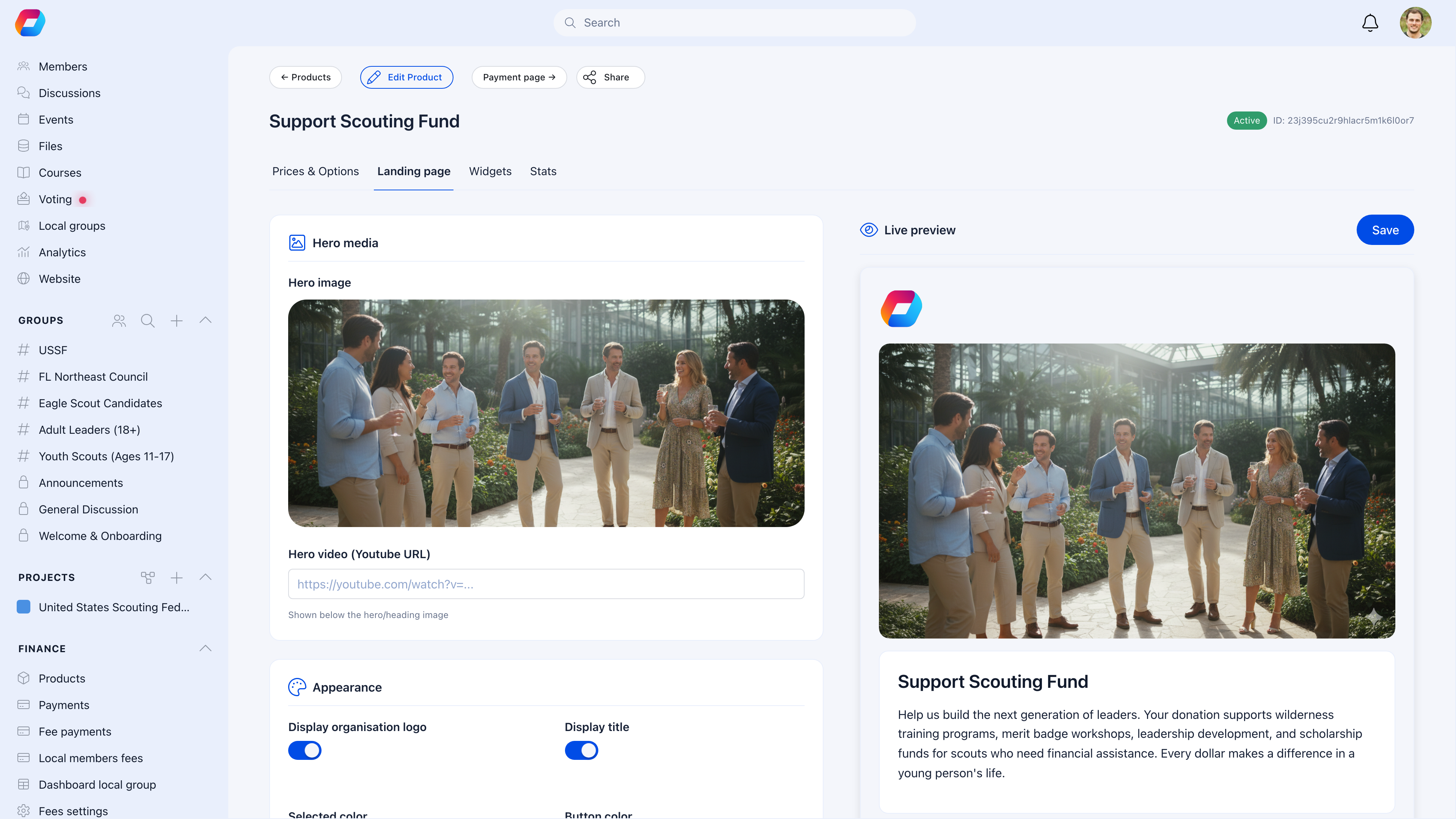 Landing page configuration with hero media upload, YouTube video URL field, appearance settings for logo and title display, color pickers, and live preview showing the public donation page