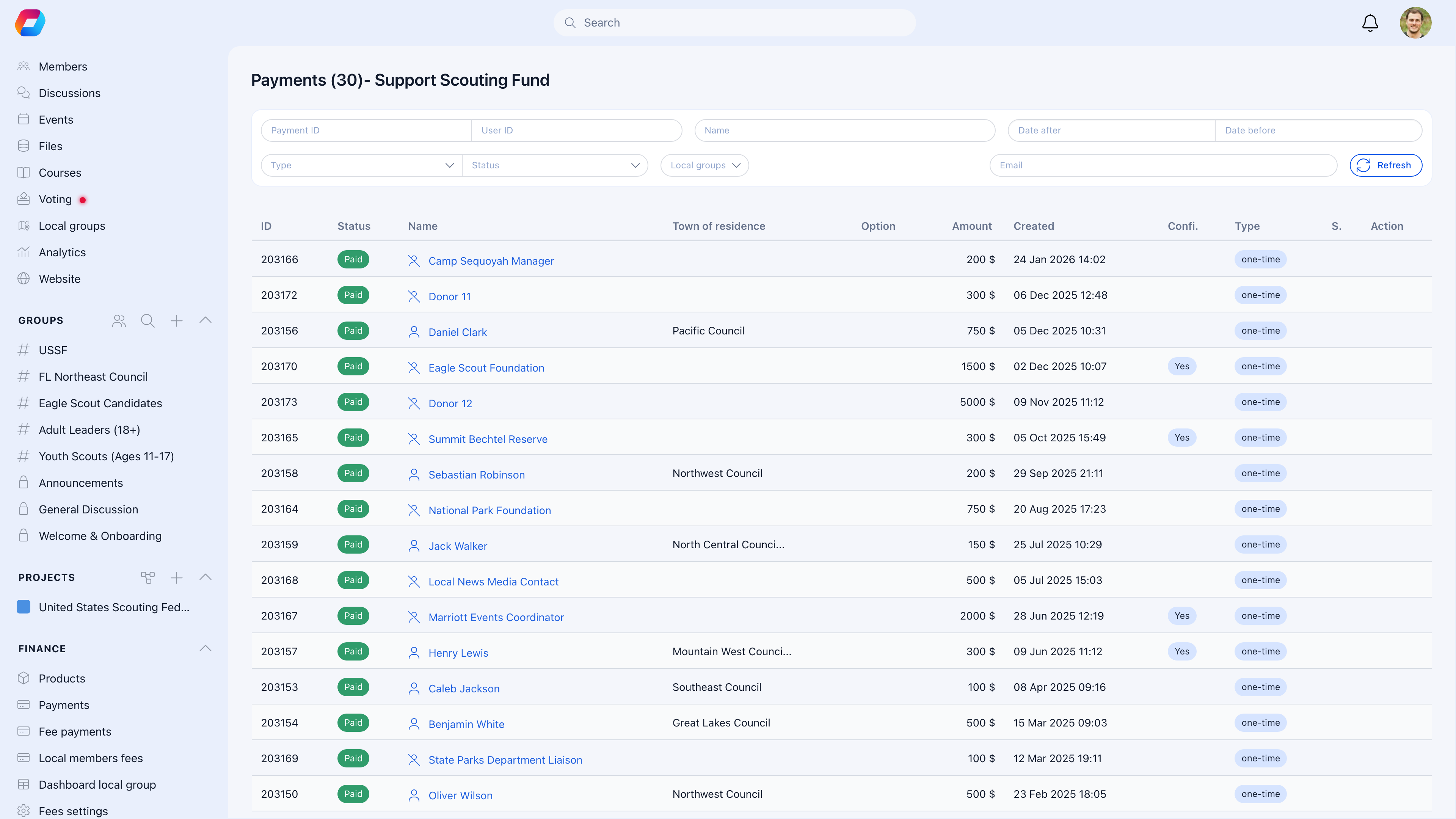 Donation payments list showing 30 payments with donor names, local center affiliations, amounts ranging from $100 to $5,000, payment dates, and one-time/recurring type indicators