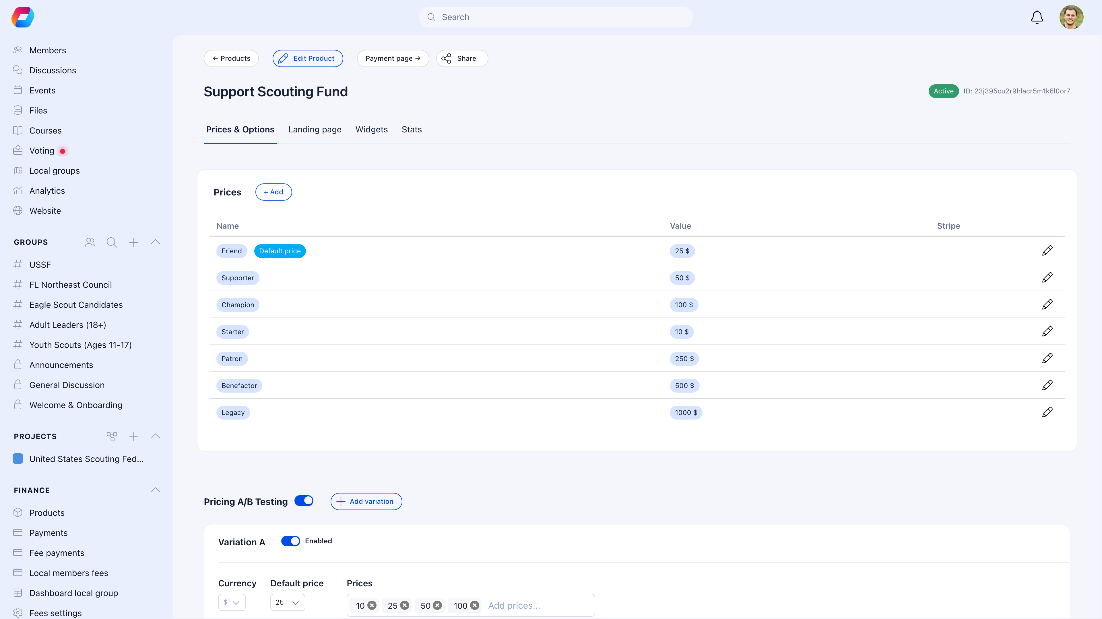 Donation product detail showing Prices & Options tab with seven tiers from Starter $10 to Legacy $1,000, A/B Testing toggle enabled, and Product options panel