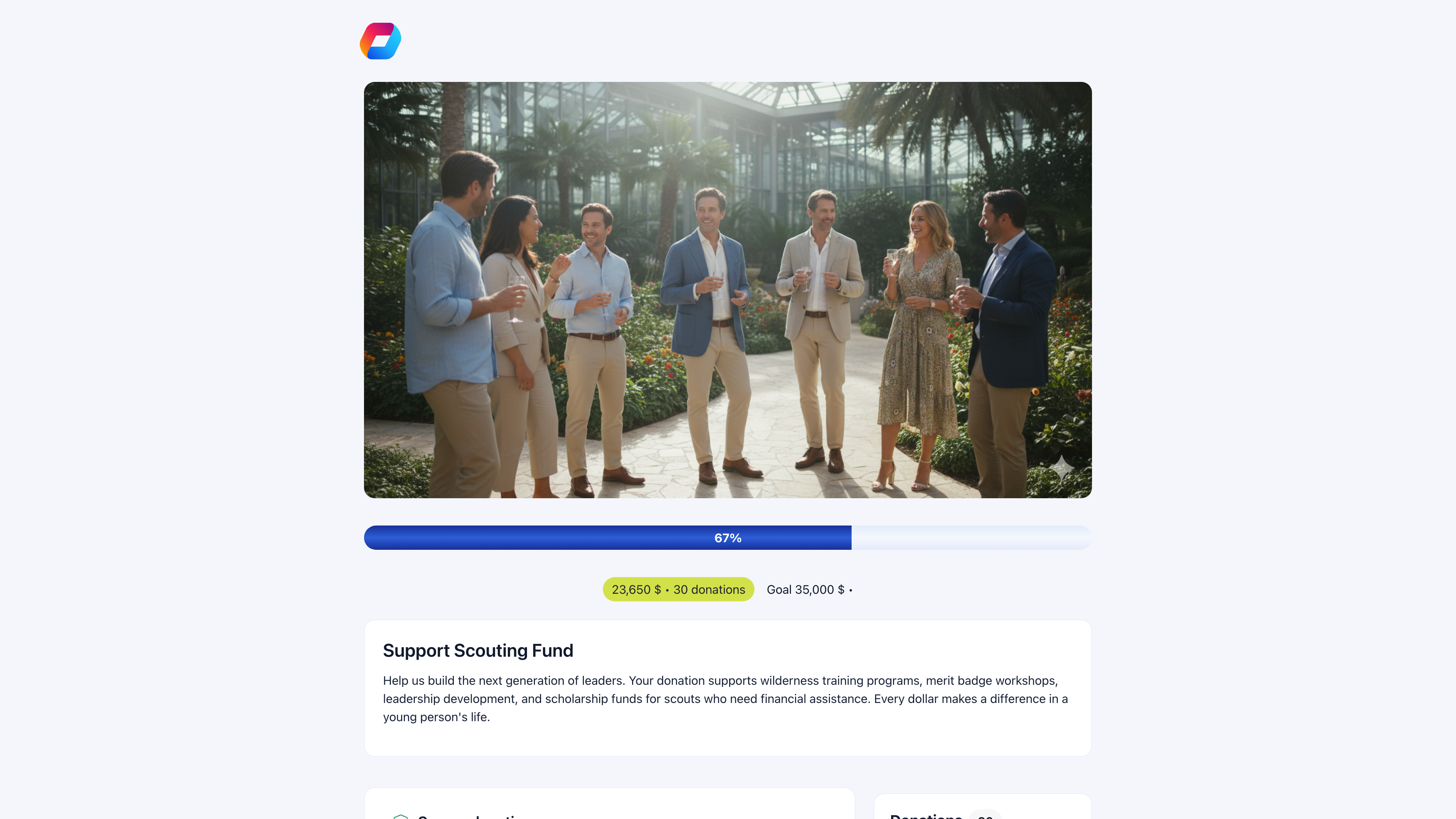 Public donation page showing hero image, 67% progress bar toward $35,000 goal, 30 donations totaling $23,650, campaign description