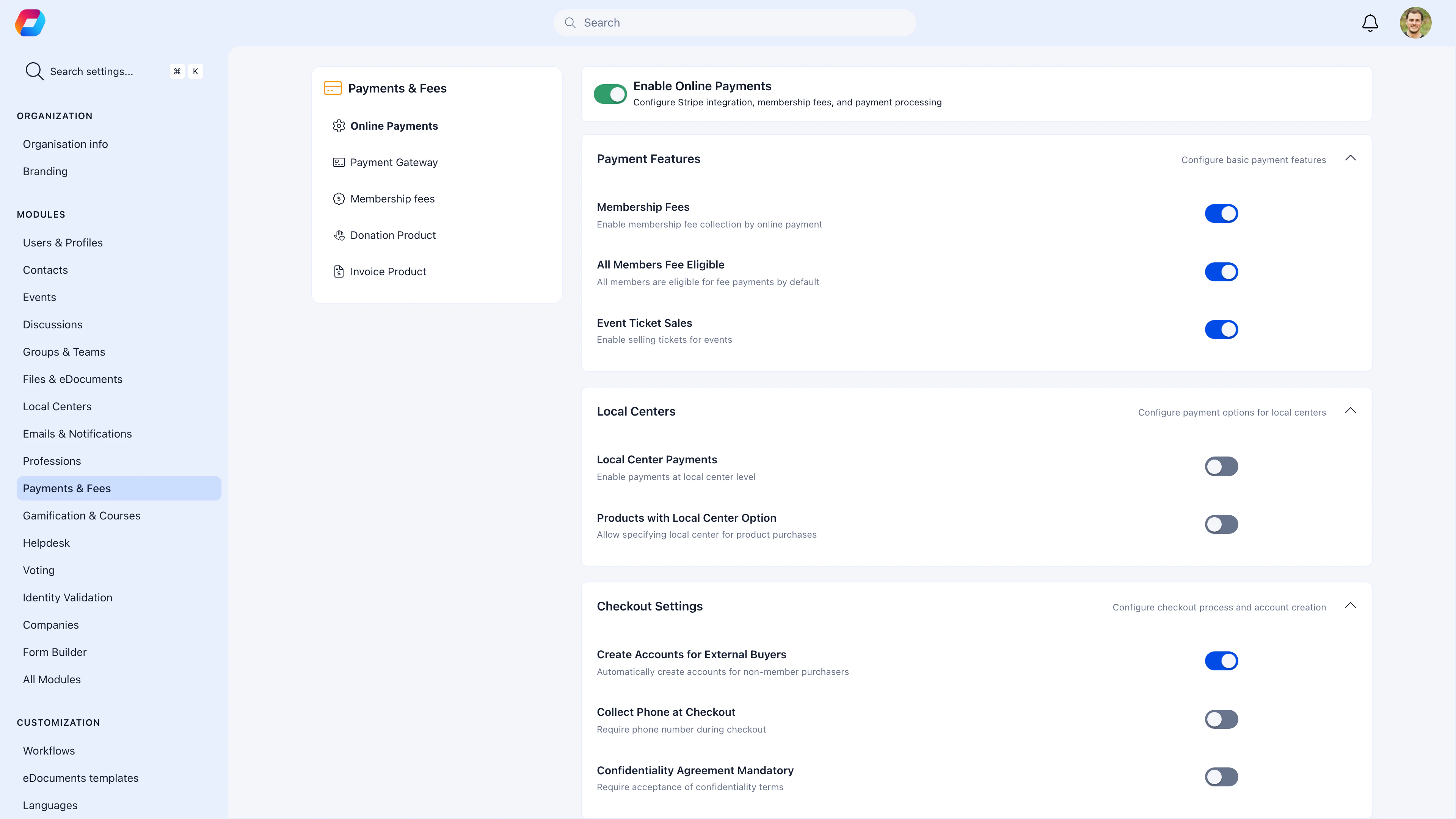 Fees module settings showing toggles for membership fees, event ticket sales, and local center payments