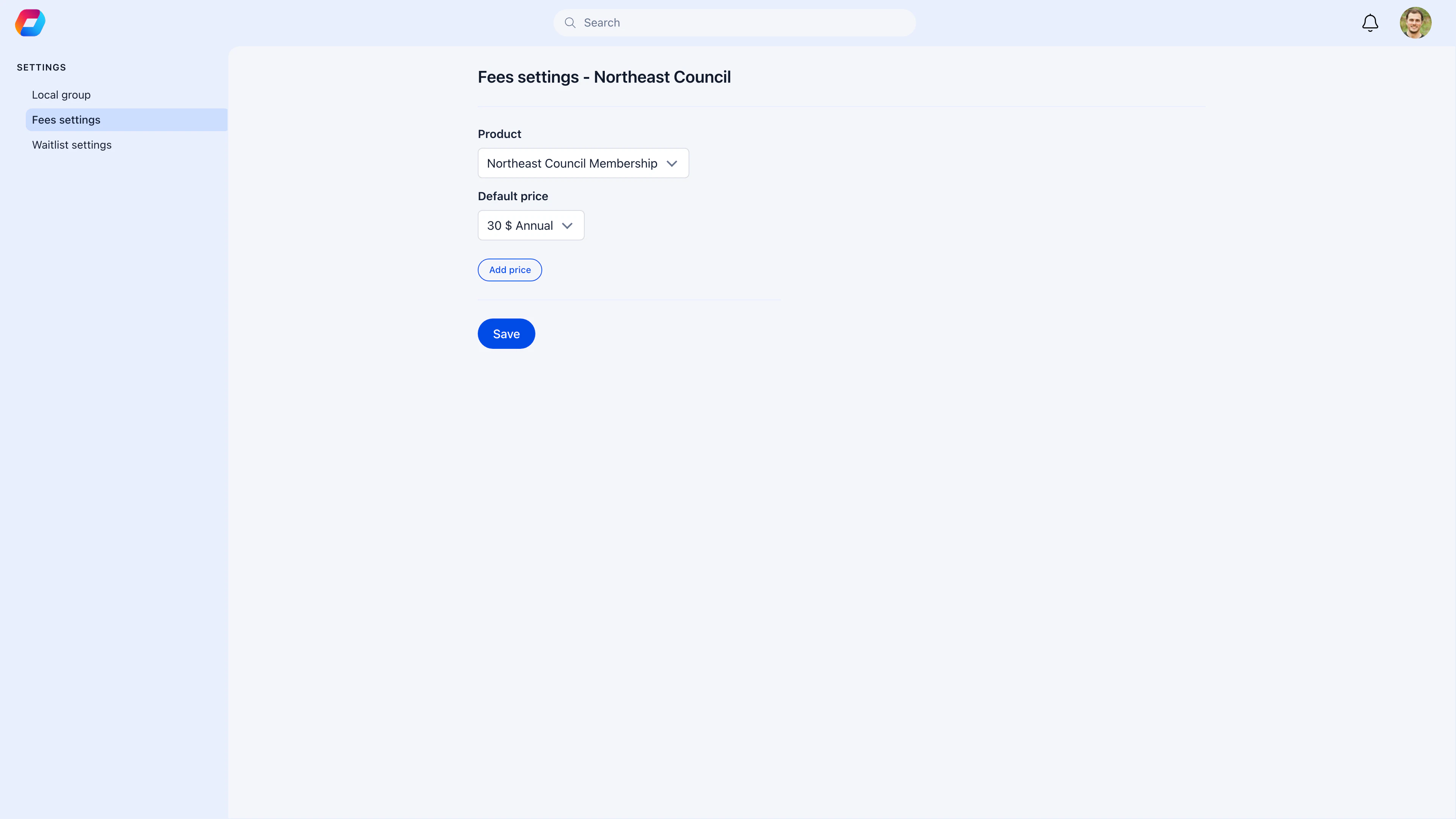 Local center fee settings showing Northeast Council membership product and $30 annual default price