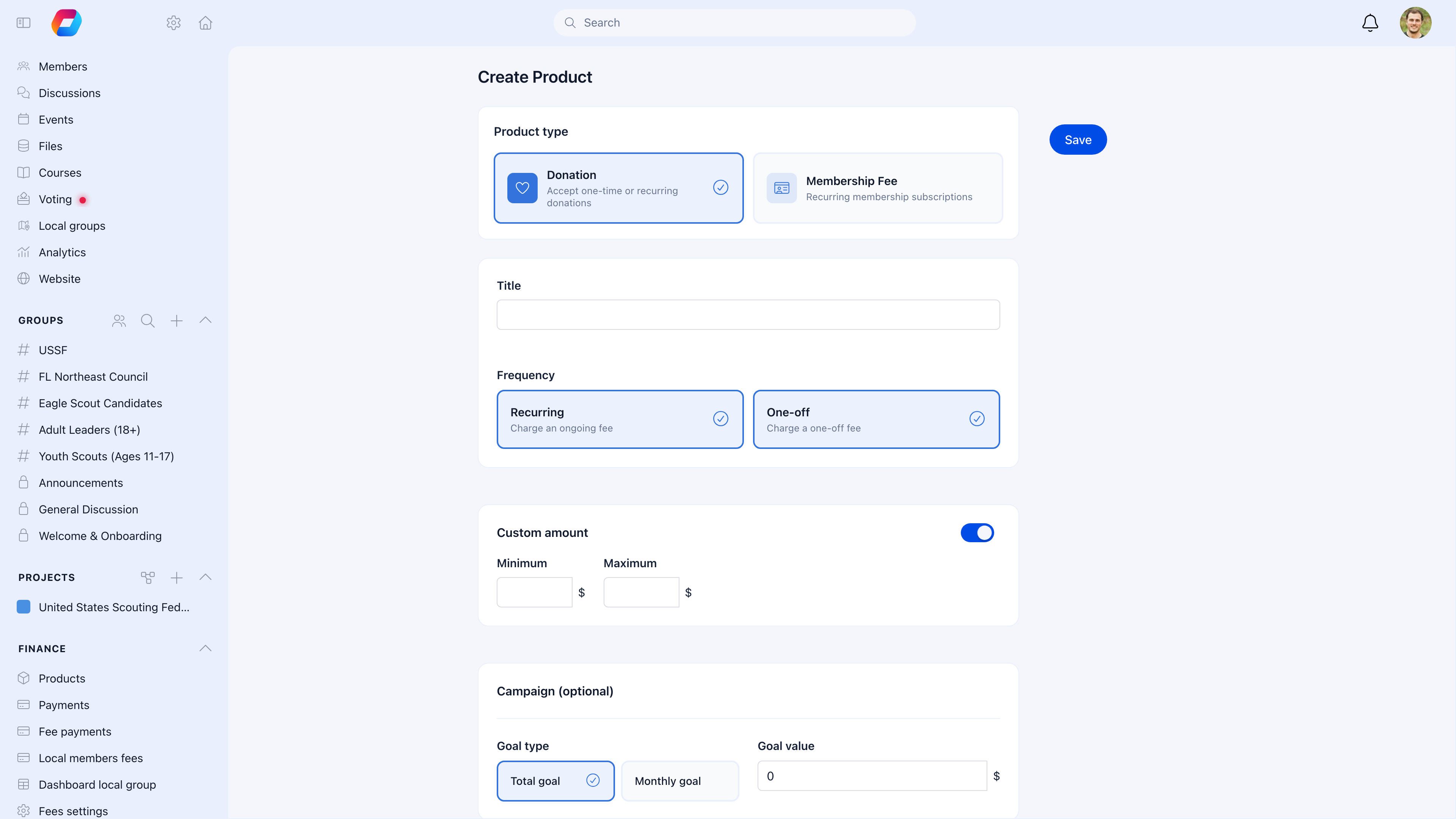 Create Product form with product type selector (Donation or Membership Fee), title, frequency (Recurring or One-off), custom amount toggle, and campaign settings