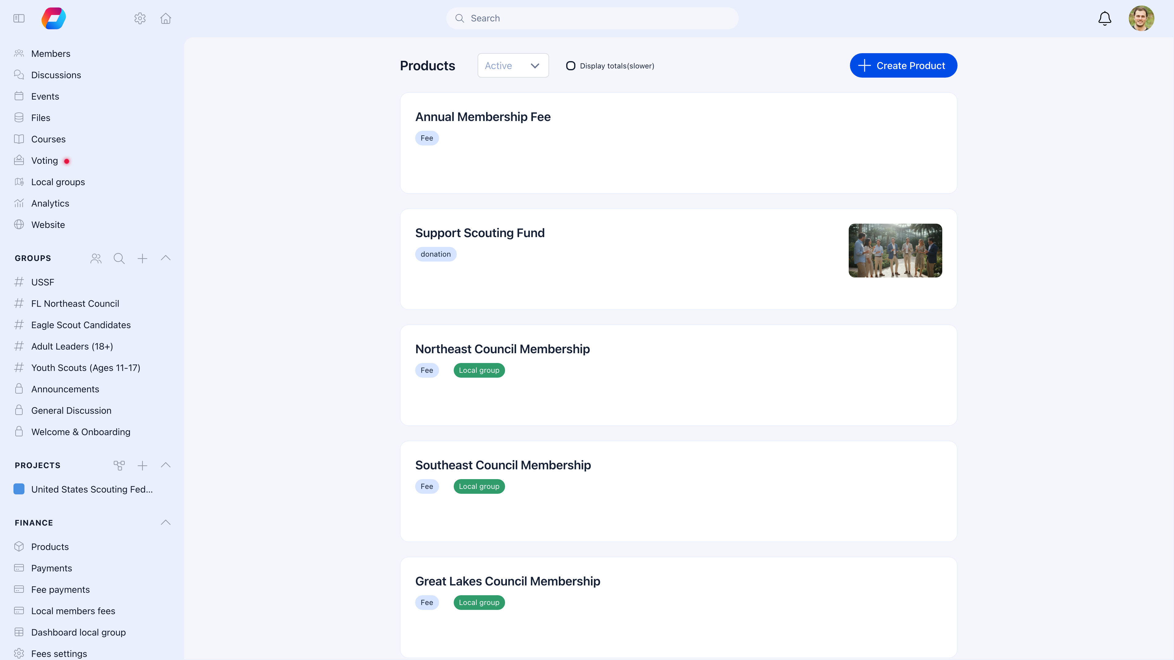 Products list with membership fees and pricing