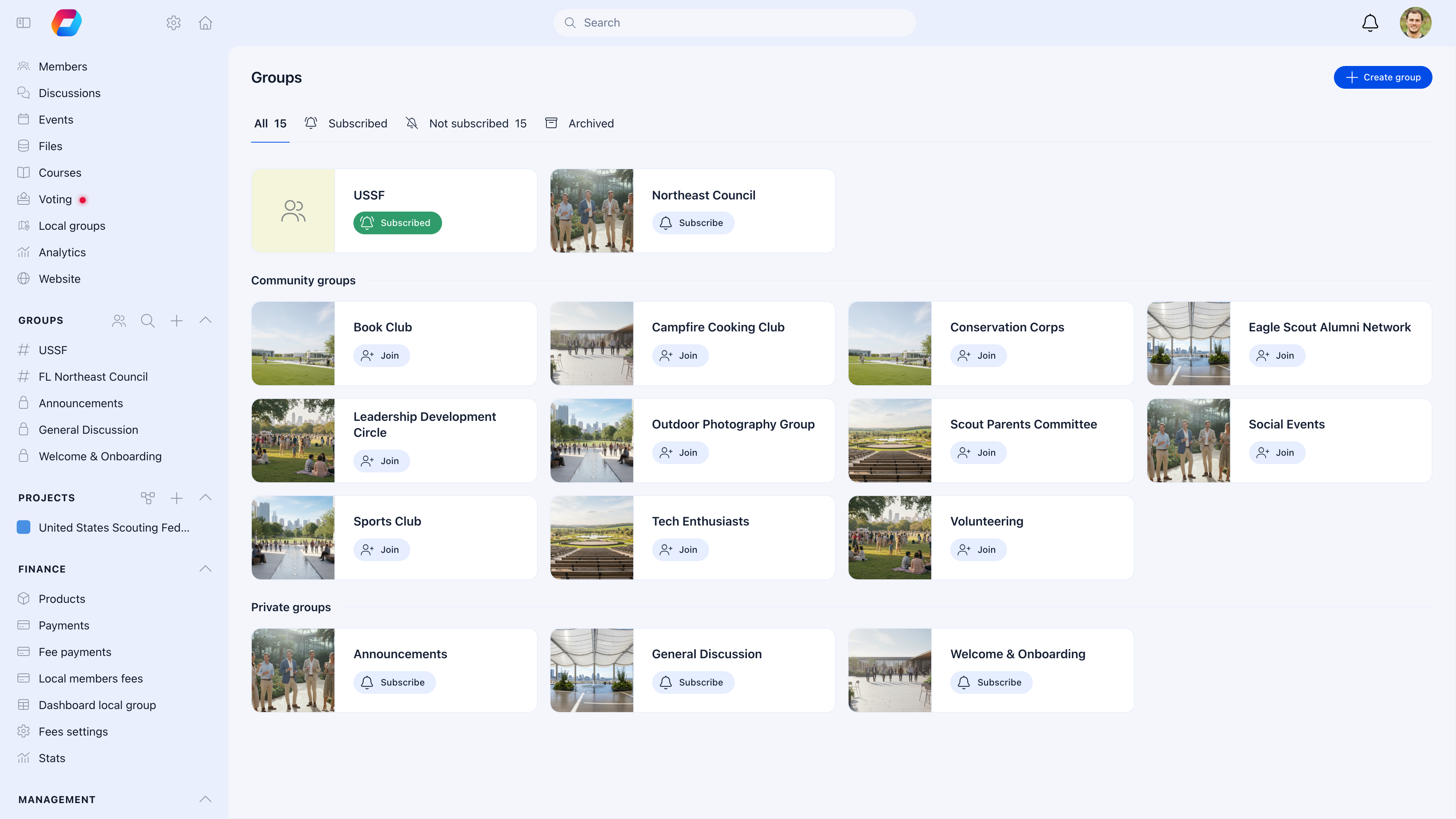 Groups browse page showing available groups