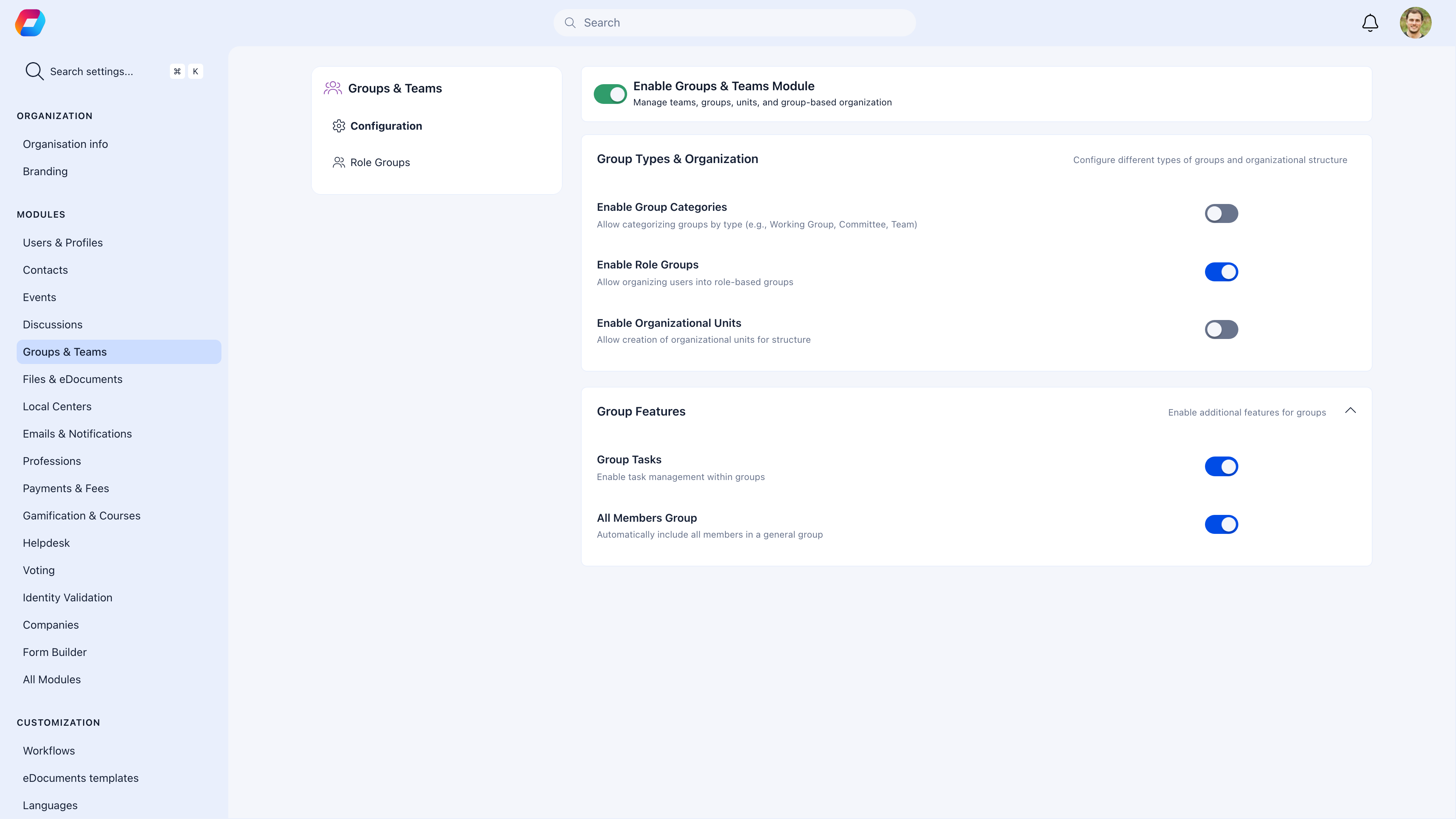 Groups module settings showing toggles for group categories, role groups, organizational units, tasks, and all members group