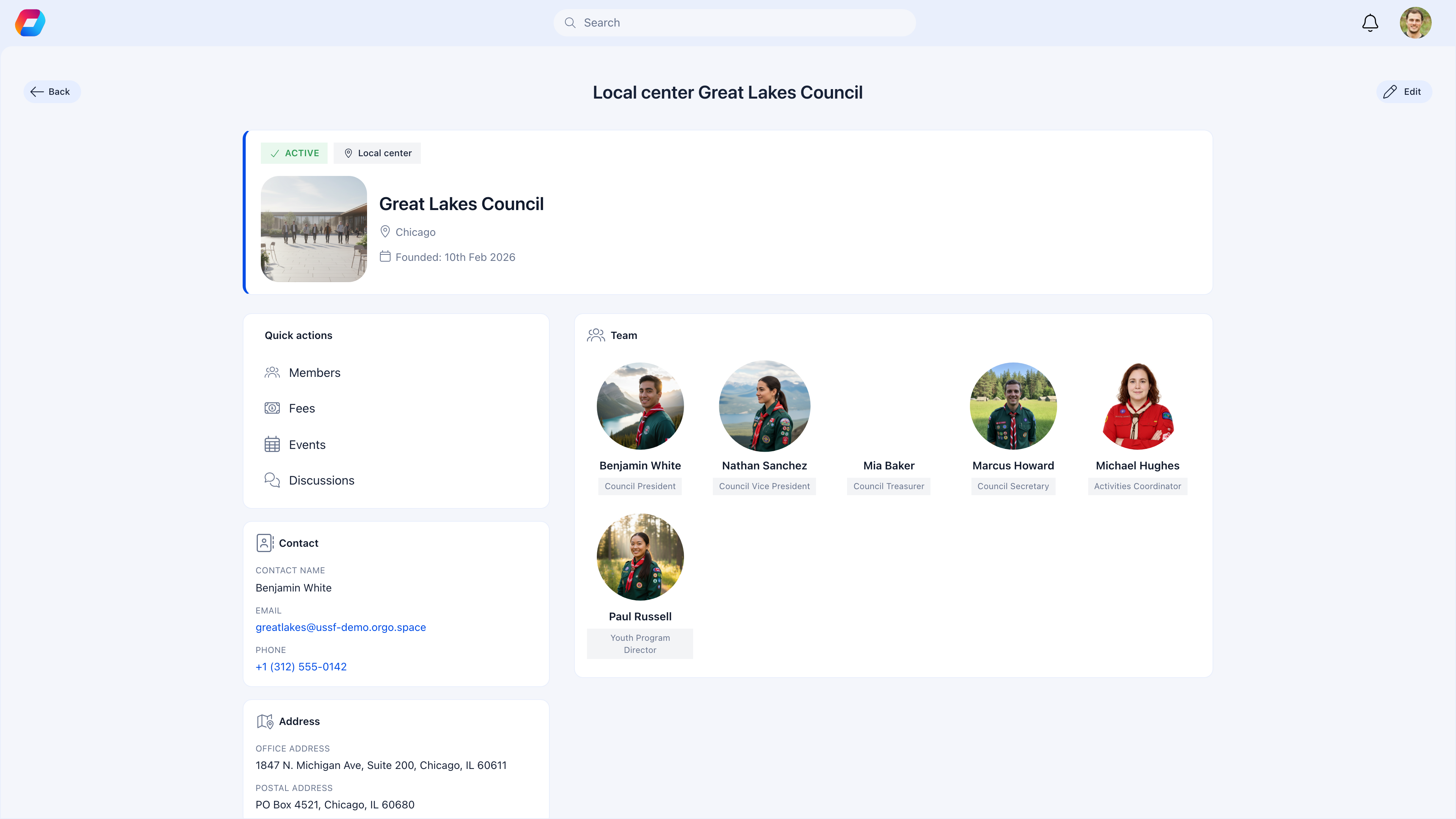Local Center detail page showing center name, location, founding date, quick actions for Members, Fees, Events, and Discussions