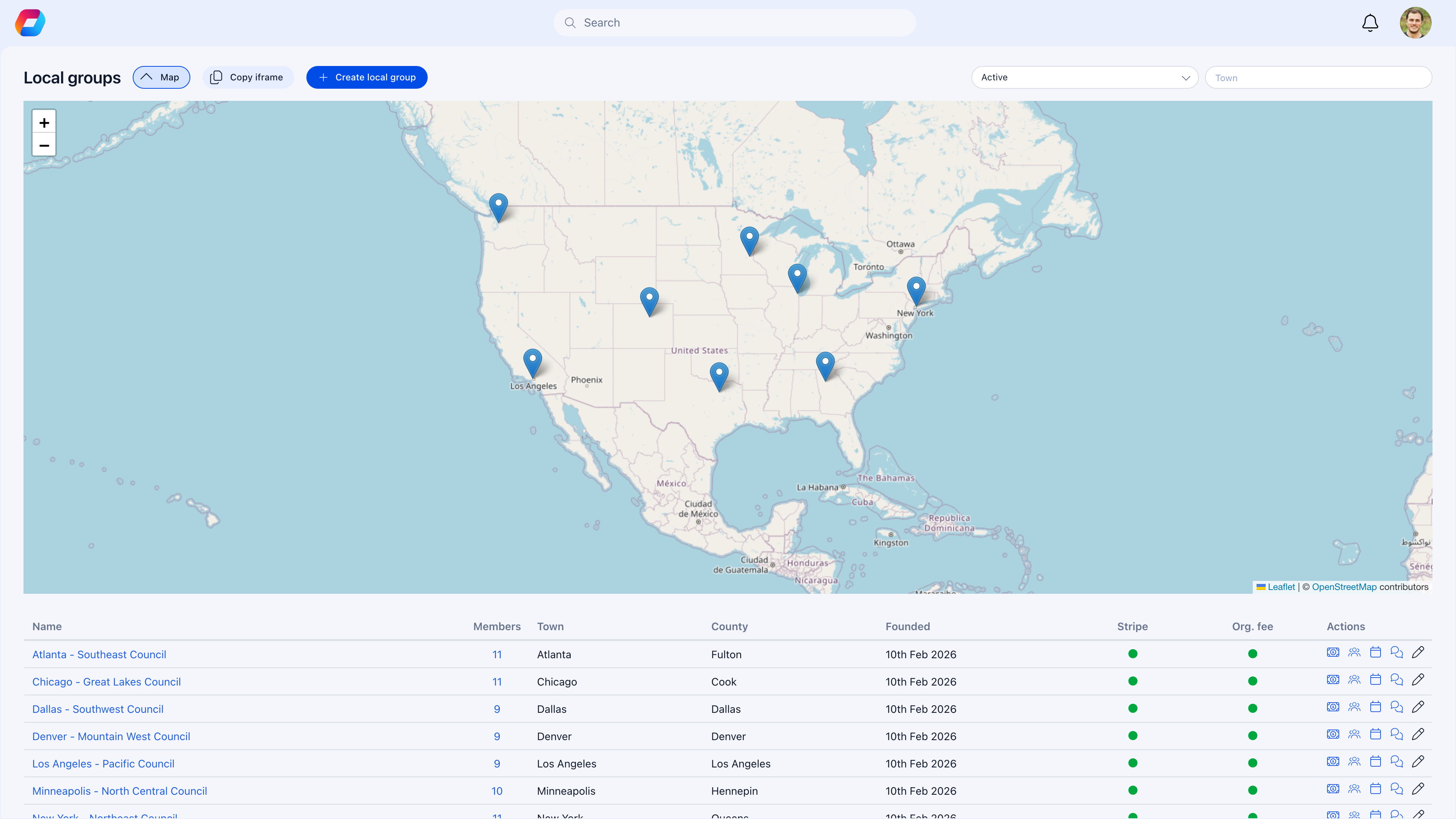 Local Centers list with interactive map showing pins across the US, member counts, towns, and action buttons