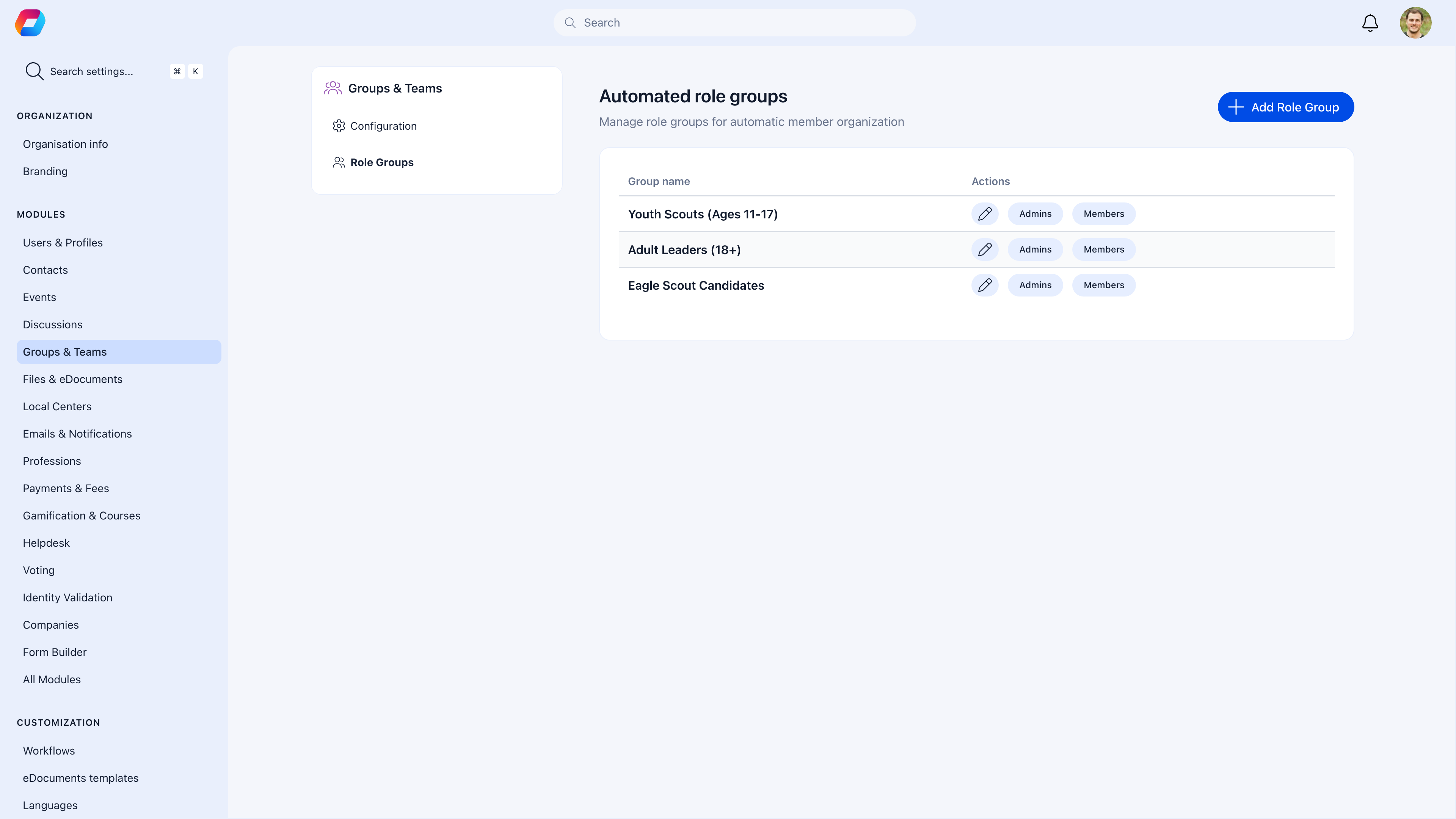 Role groups configuration showing automated groups with criteria for Youth Scouts, Adult Leaders, and Eagle Scout Candidates