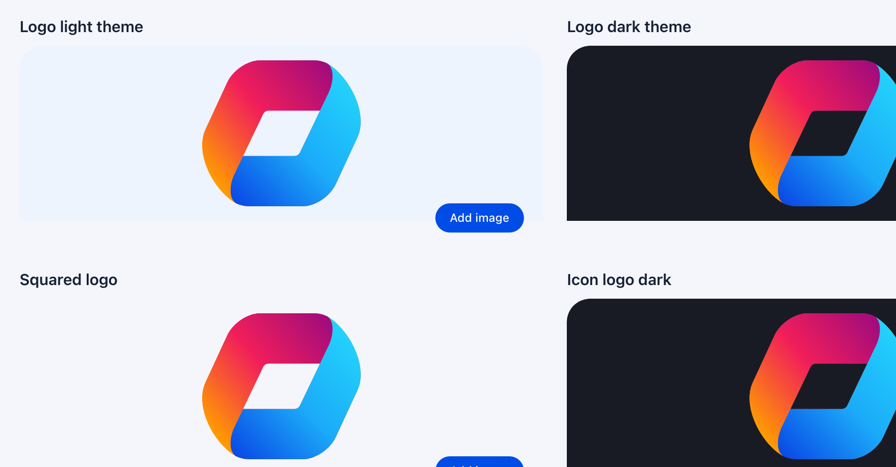 Logo upload grid with light theme, dark theme, squared, and icon variants