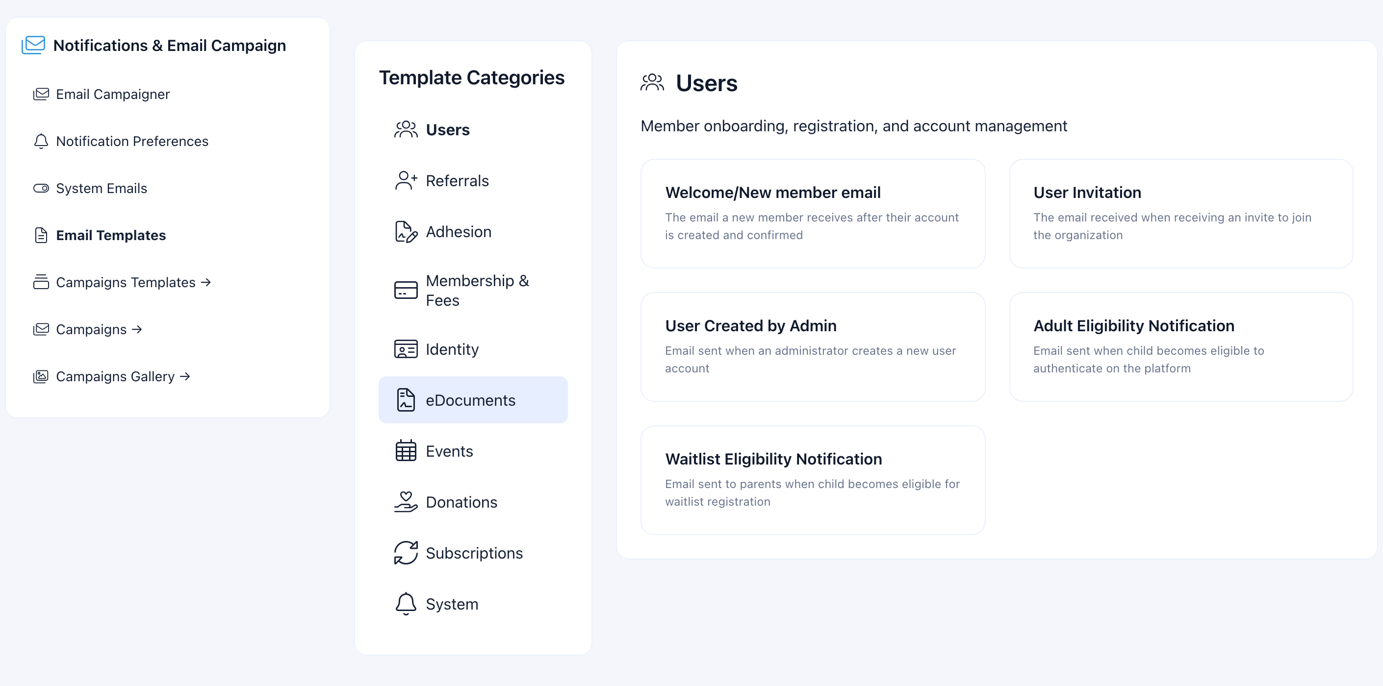 Email templates page with category sidebar and template cards